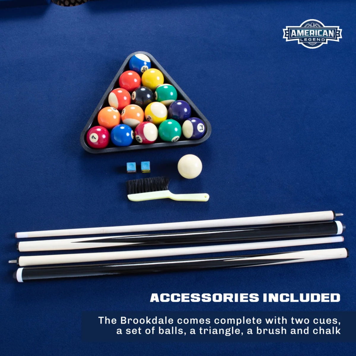 American Legend Brookdale pool table with billiard cues, balls, and included accessories