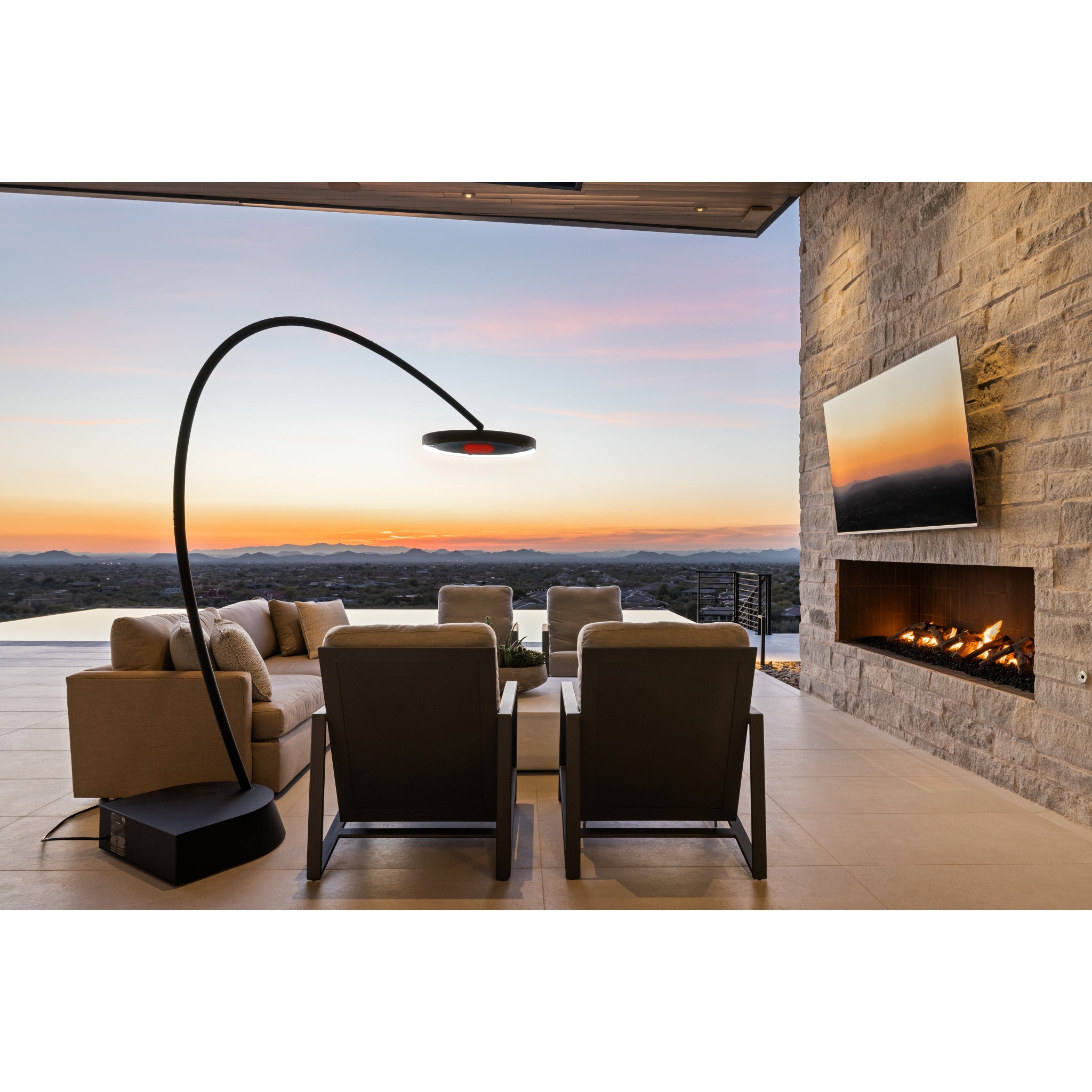 Modern freestanding Bromic Eclipse electric patio heater with curved pole