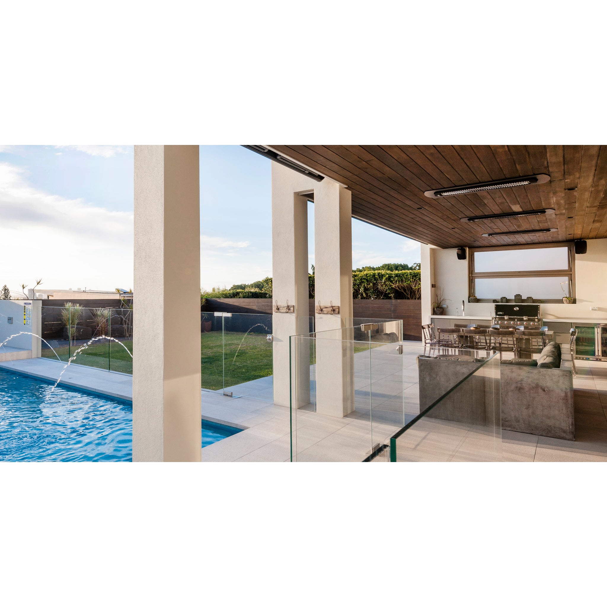 Bromic Tungsten electric heater recessed ceiling installation kit in black installed at luxury vacation rental in Scottsdale