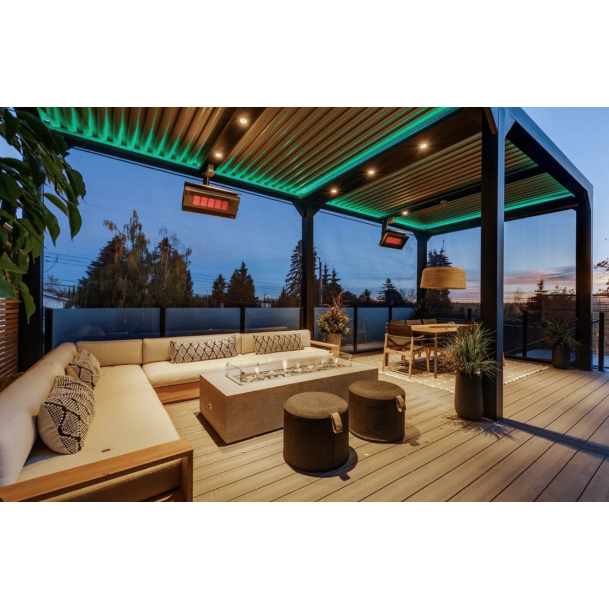 Bromic Platinum Smart-Heat gas outdoor heater mounted on patio ceiling with stainless steel finish