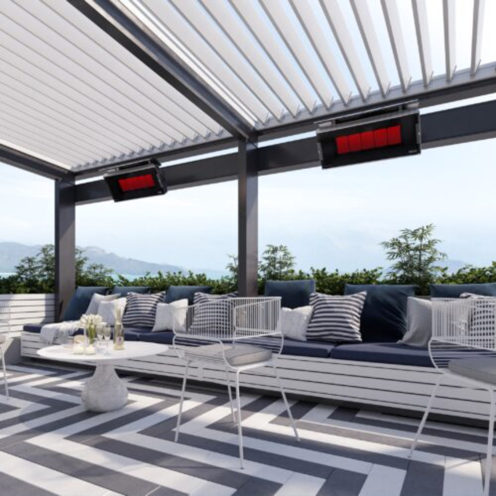 Bromic heat deflector designed for covered patio installations