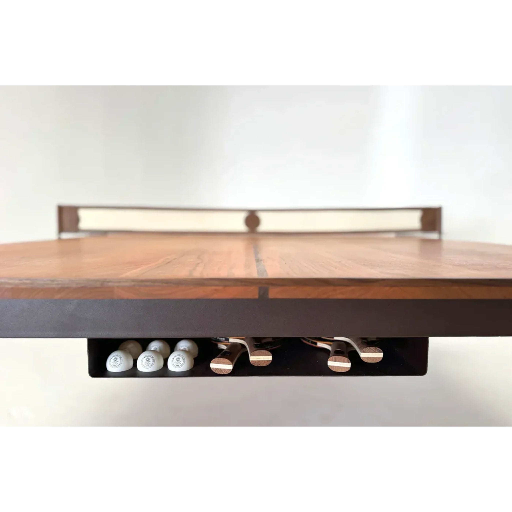 Pong table storage tray mounted underneath table for paddle and ball organization