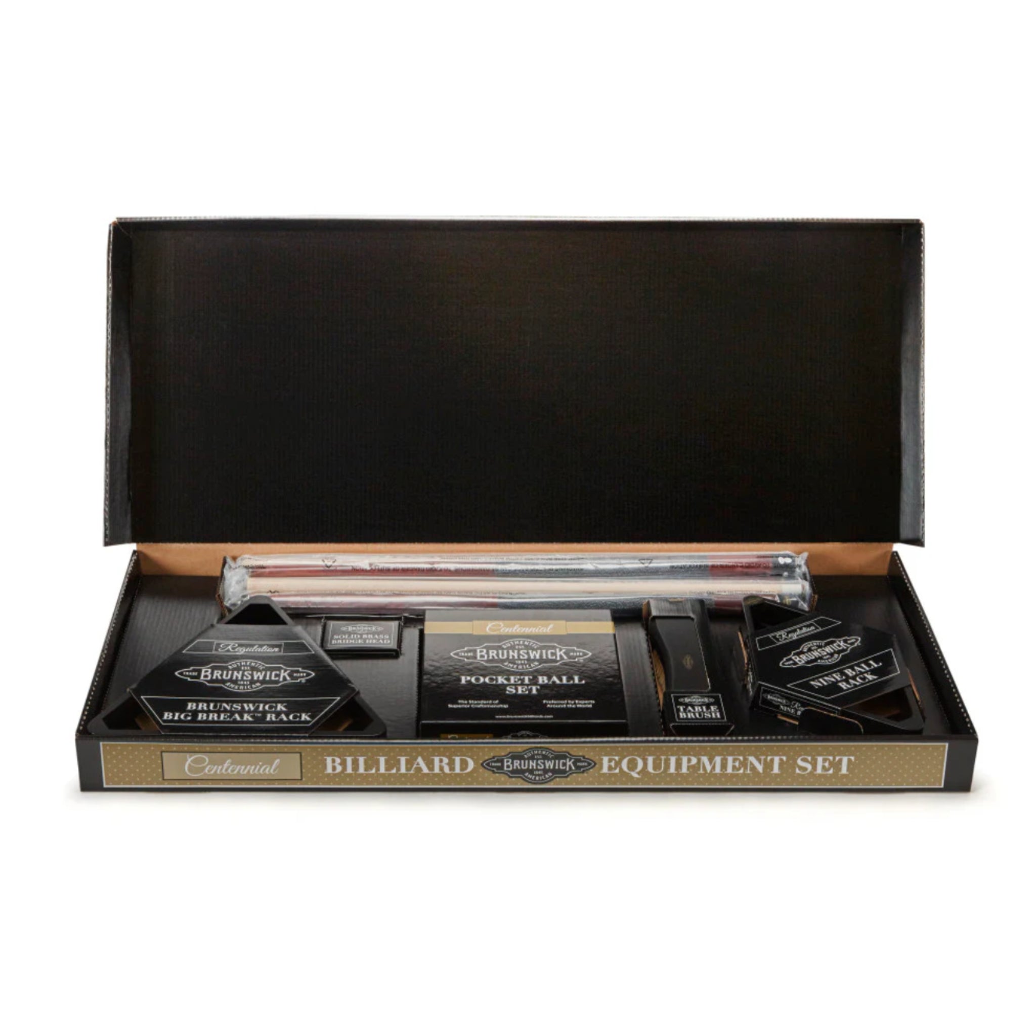 Brunswick Centennial Play Package with pocket balls, Centennial cues, racks, and table brush arranged for display