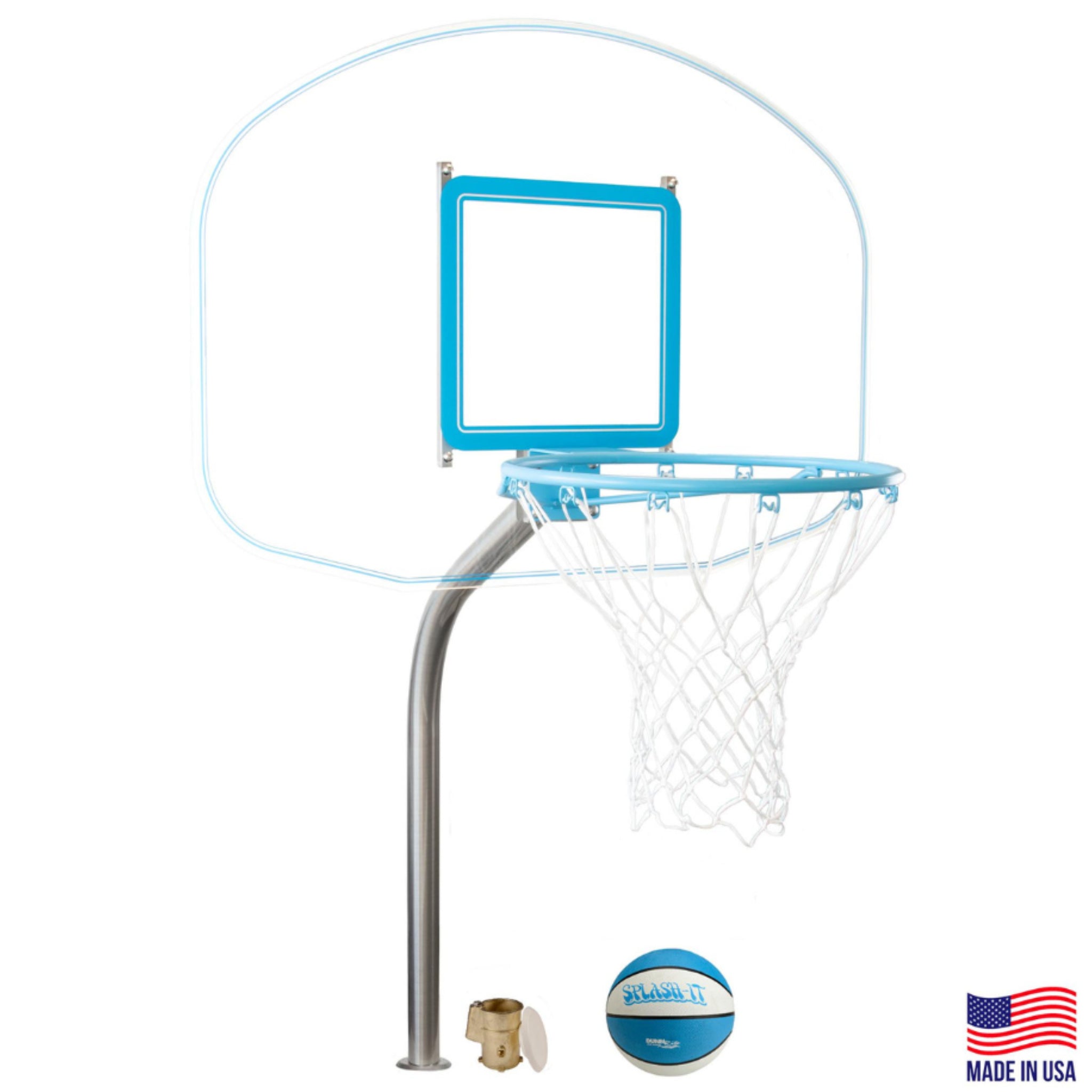 Dunn-Rite Clear Hoop poolside in-ground basketball hoop with stainless steel deck-mounted post
