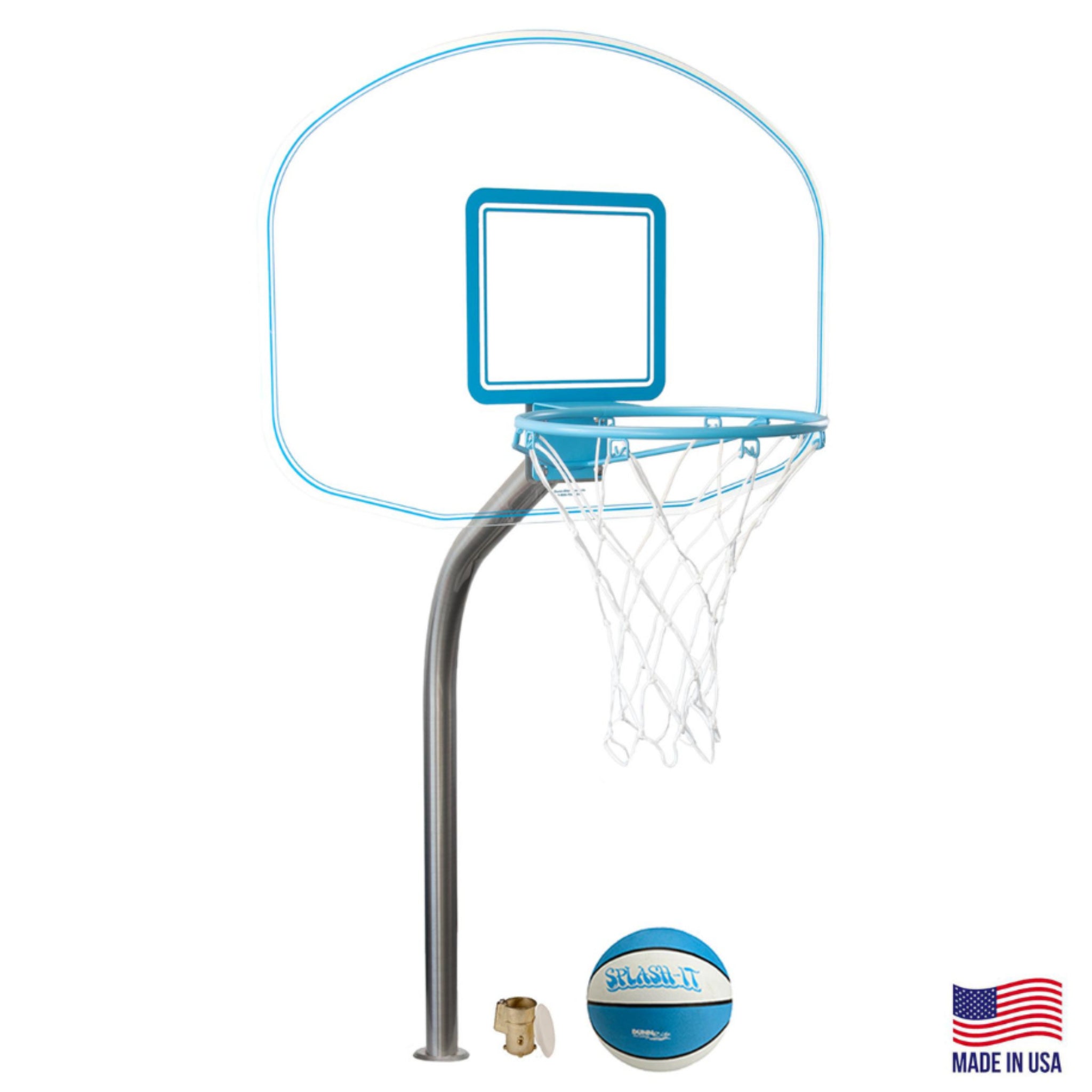 Poolside basketball hoop with clear acrylic backboard and brass anchor mounting