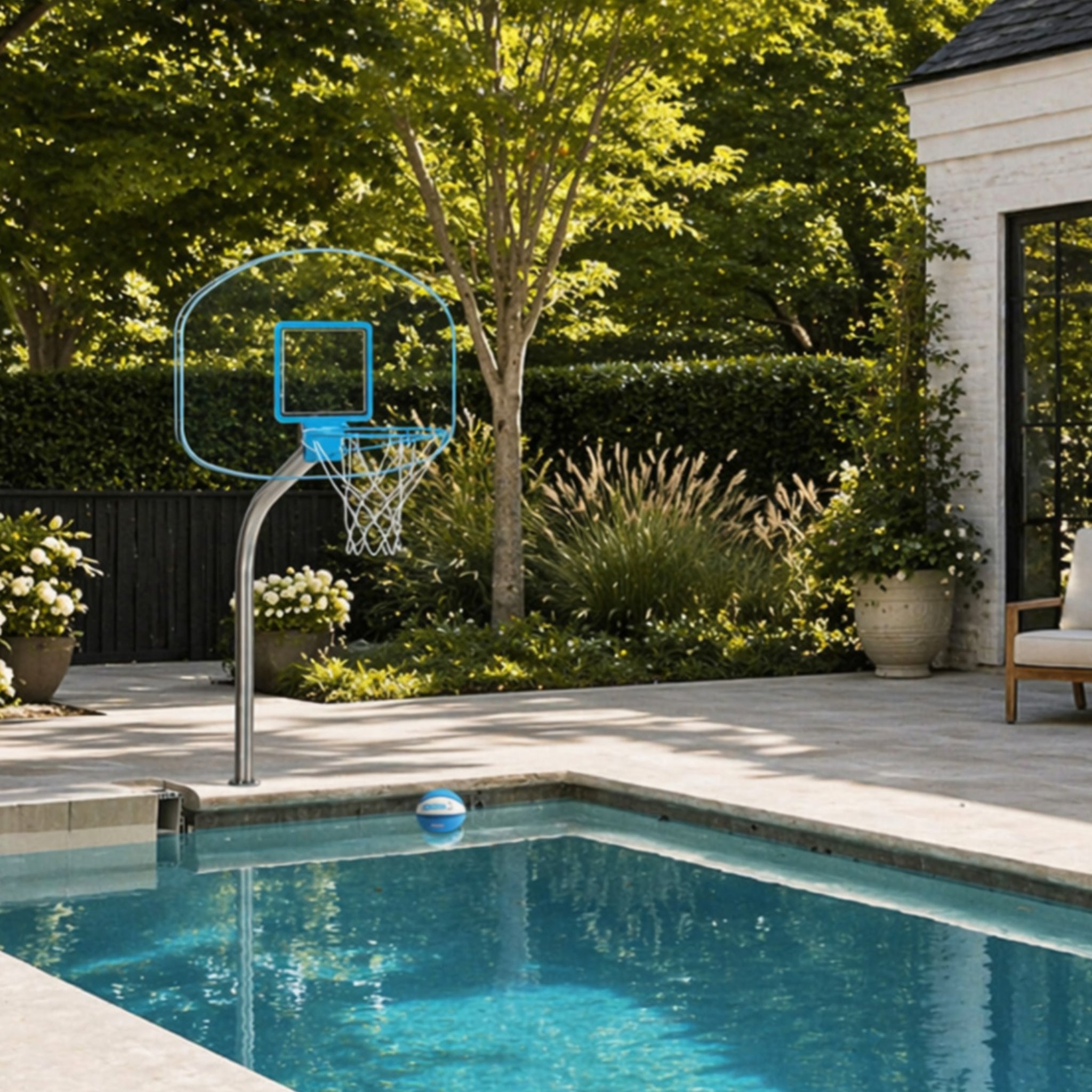 poolside in-ground basketball hoop with clear backboard