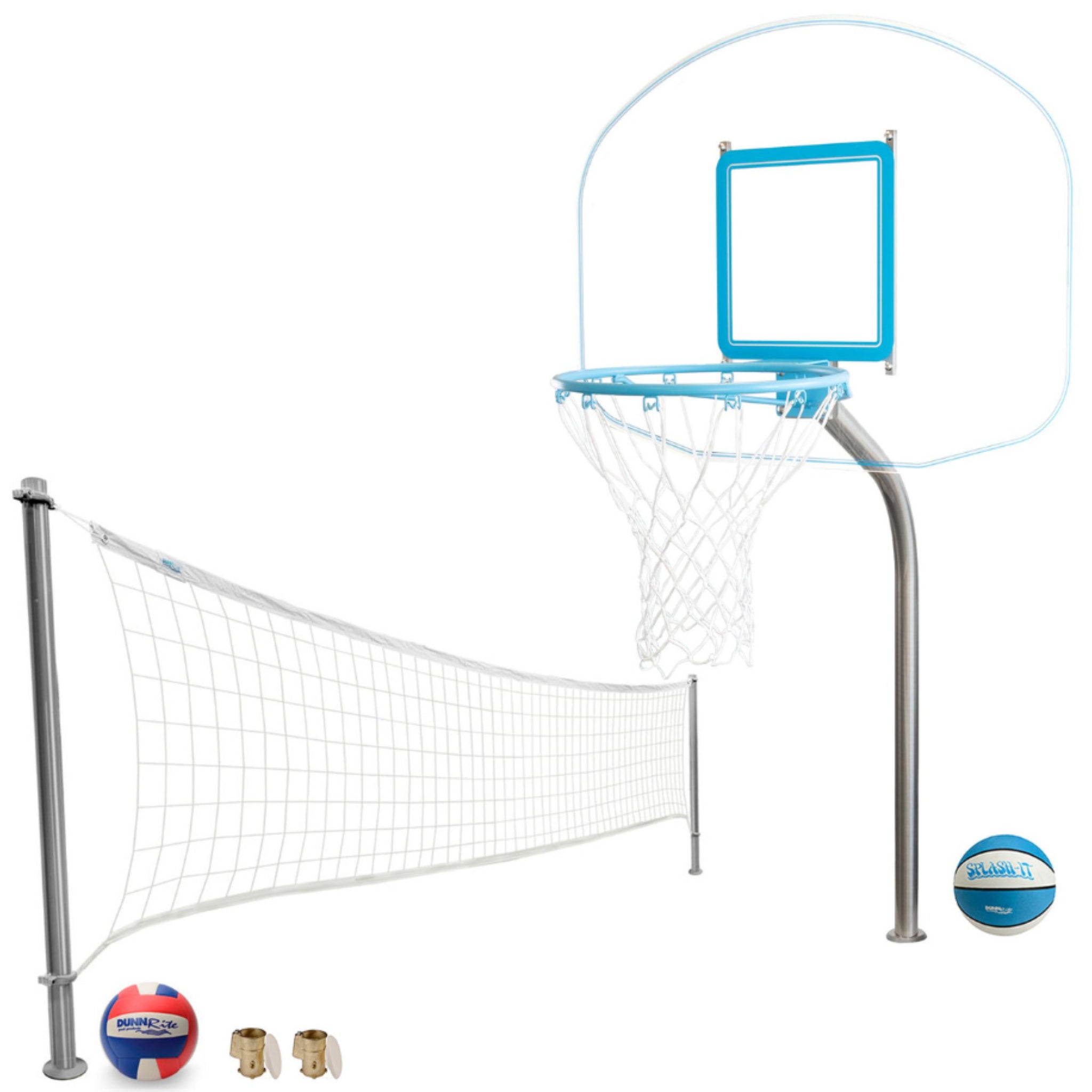Dunn-Rite Clear Hoop regulation pool basketball hoop with clear acrylic backboard and deck-mounted volleyball net system