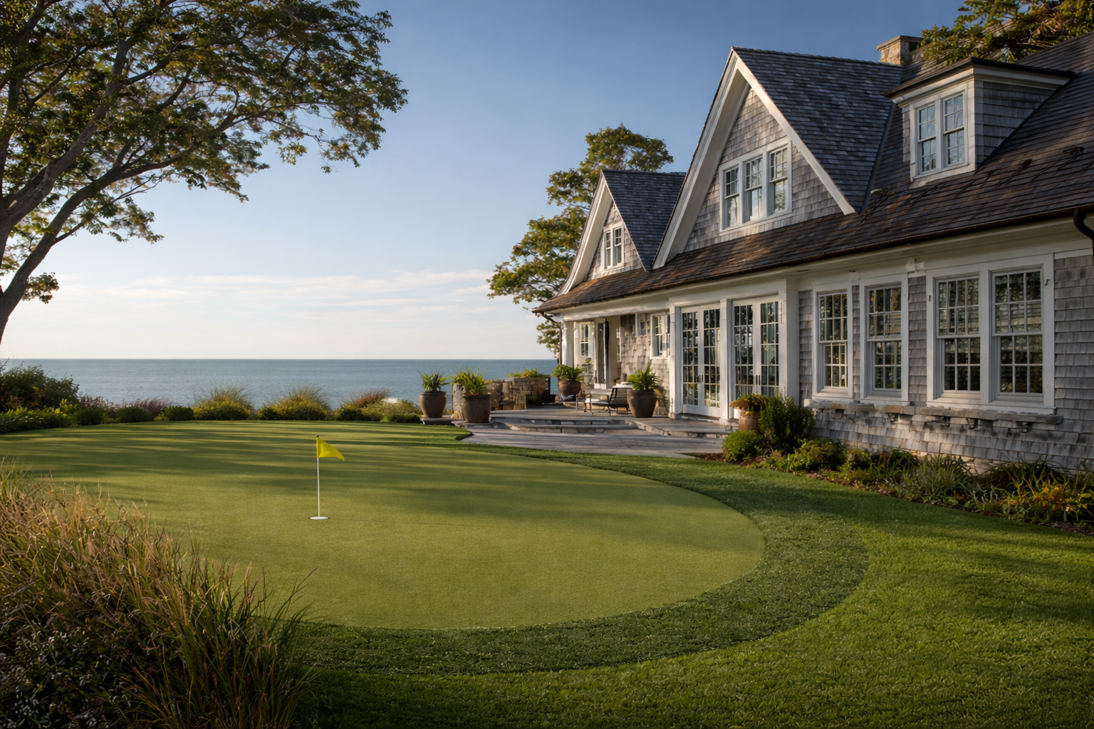 Coastal vacation rental home with outdoor putting green kit installed