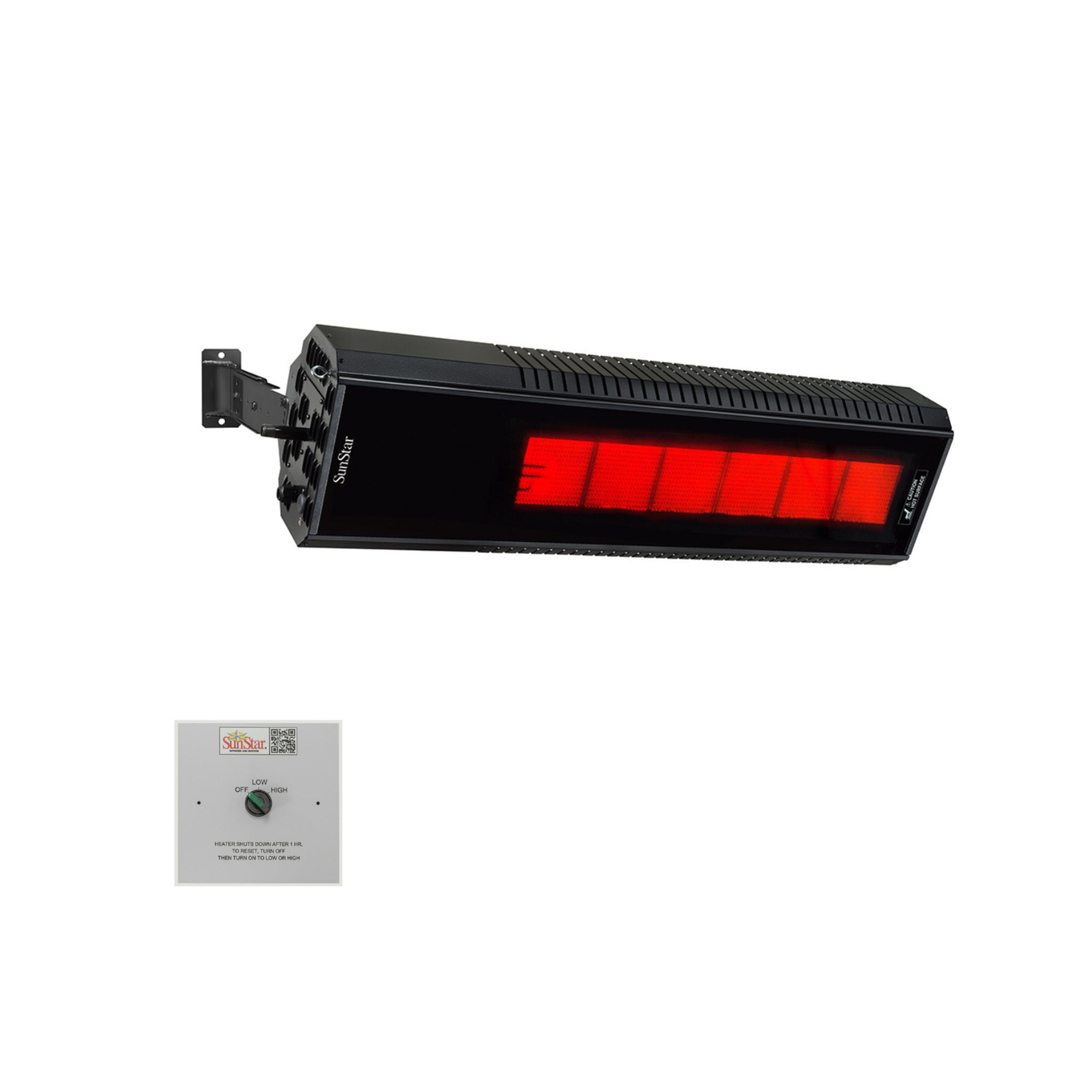 SunStar angled mount infrared gas patio heater for commercial outdoor spaces