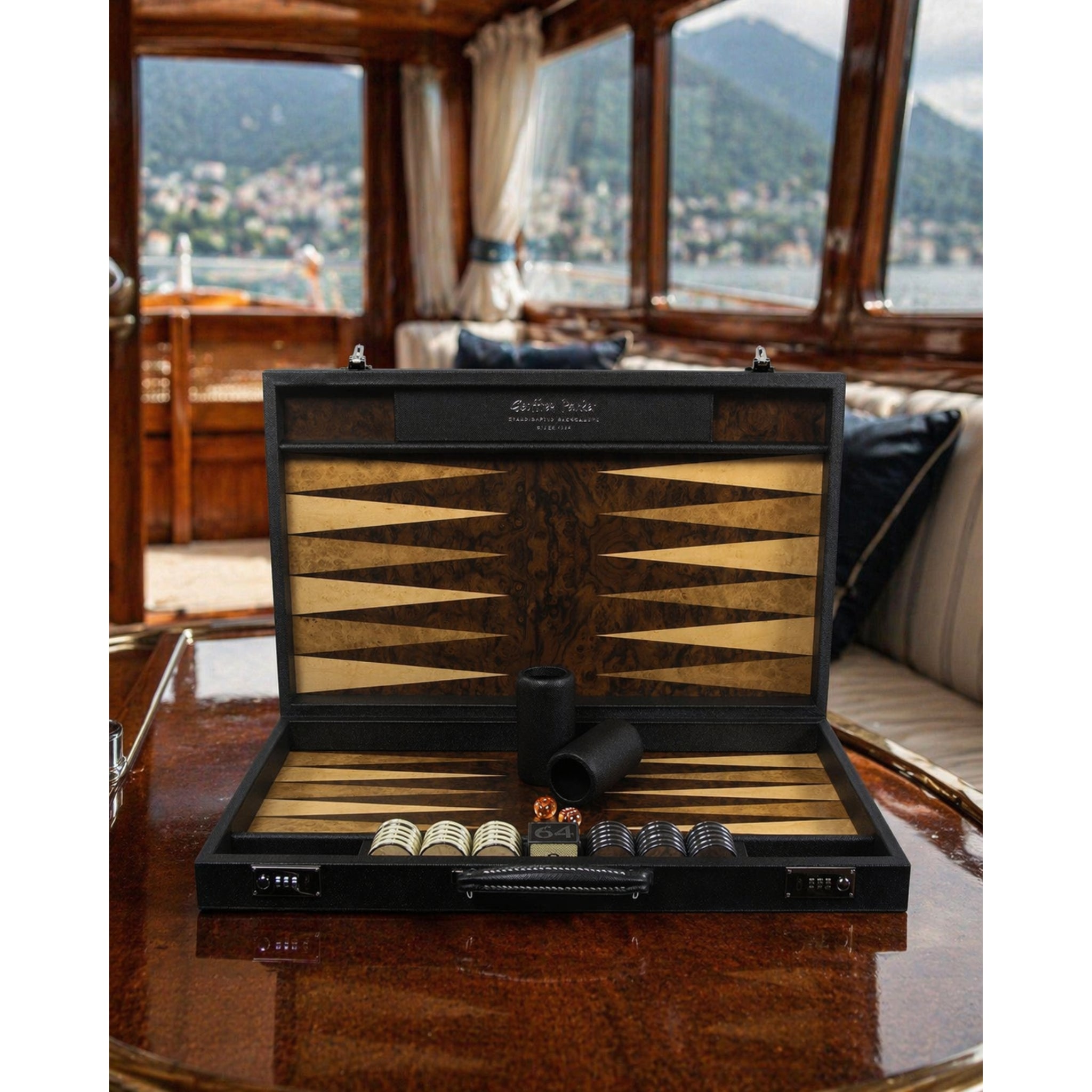 Luxury walnut wood and leather backgammon set by Geoffrey Parker custom made