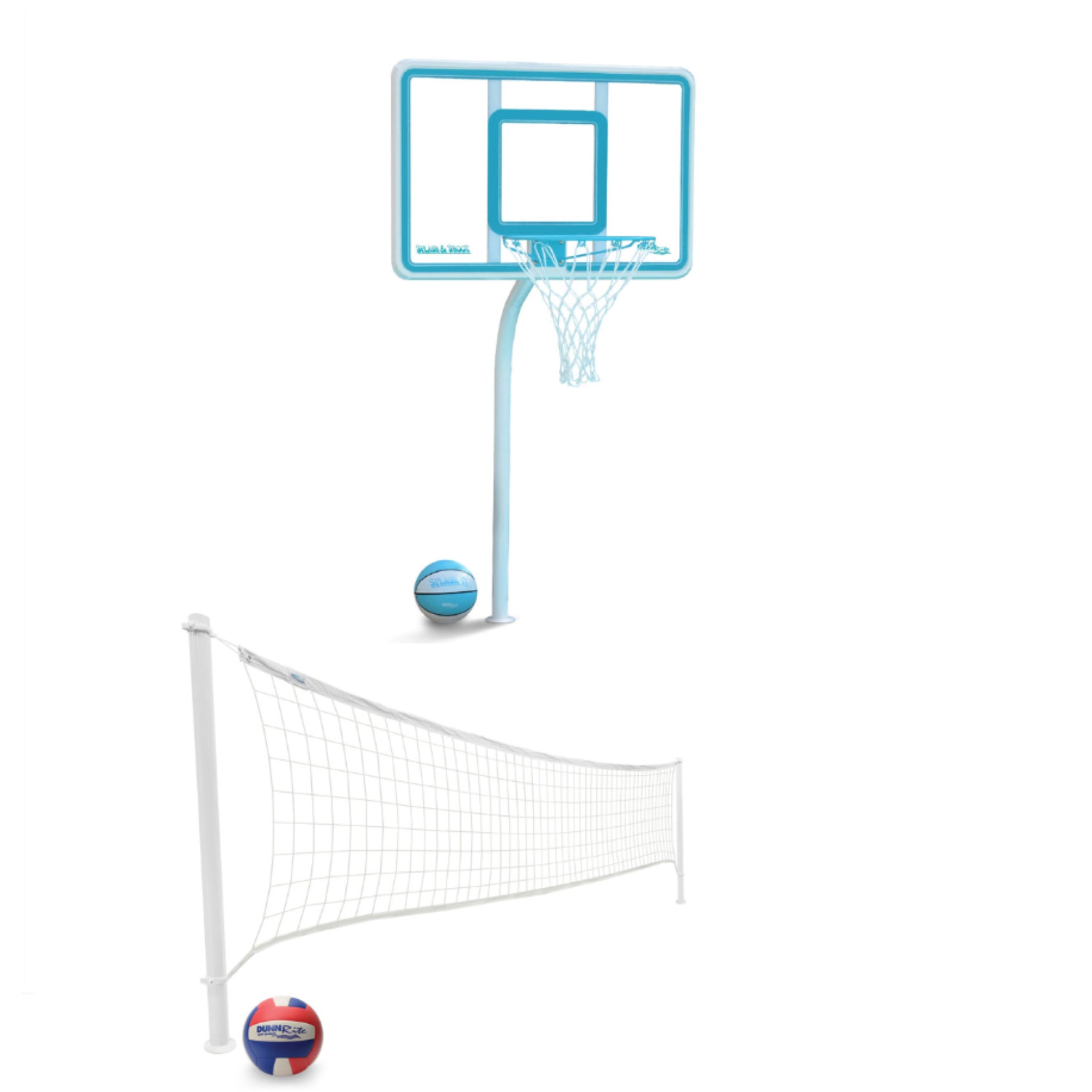 Deck Shoot poolside basketball hoop and volleyball net combo for residential pool deck by Dunn-Rite
