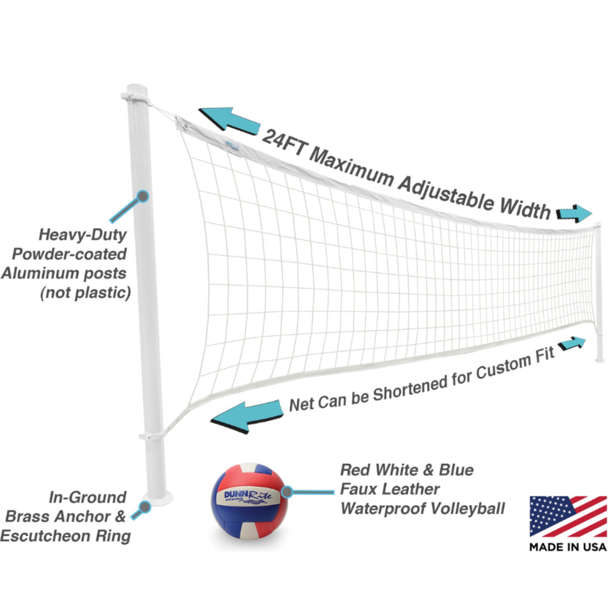 In-ground pool basketball hoop and deck-mounted volleyball net spanning pool water up to 24 feet