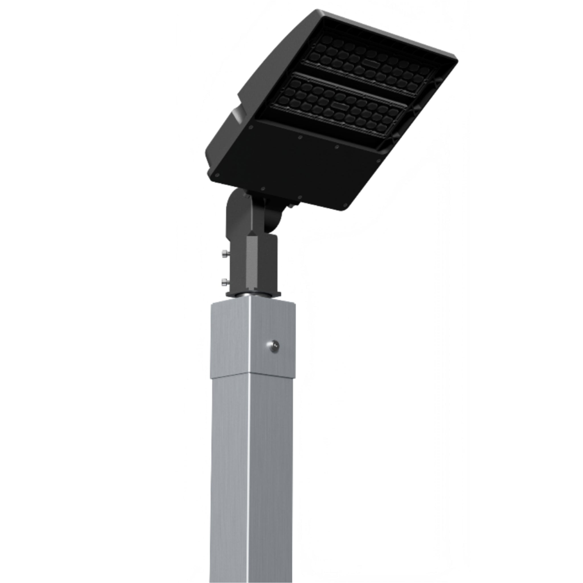 Wired Dominator sport court light pole showing welded hinge base and aluminum construction