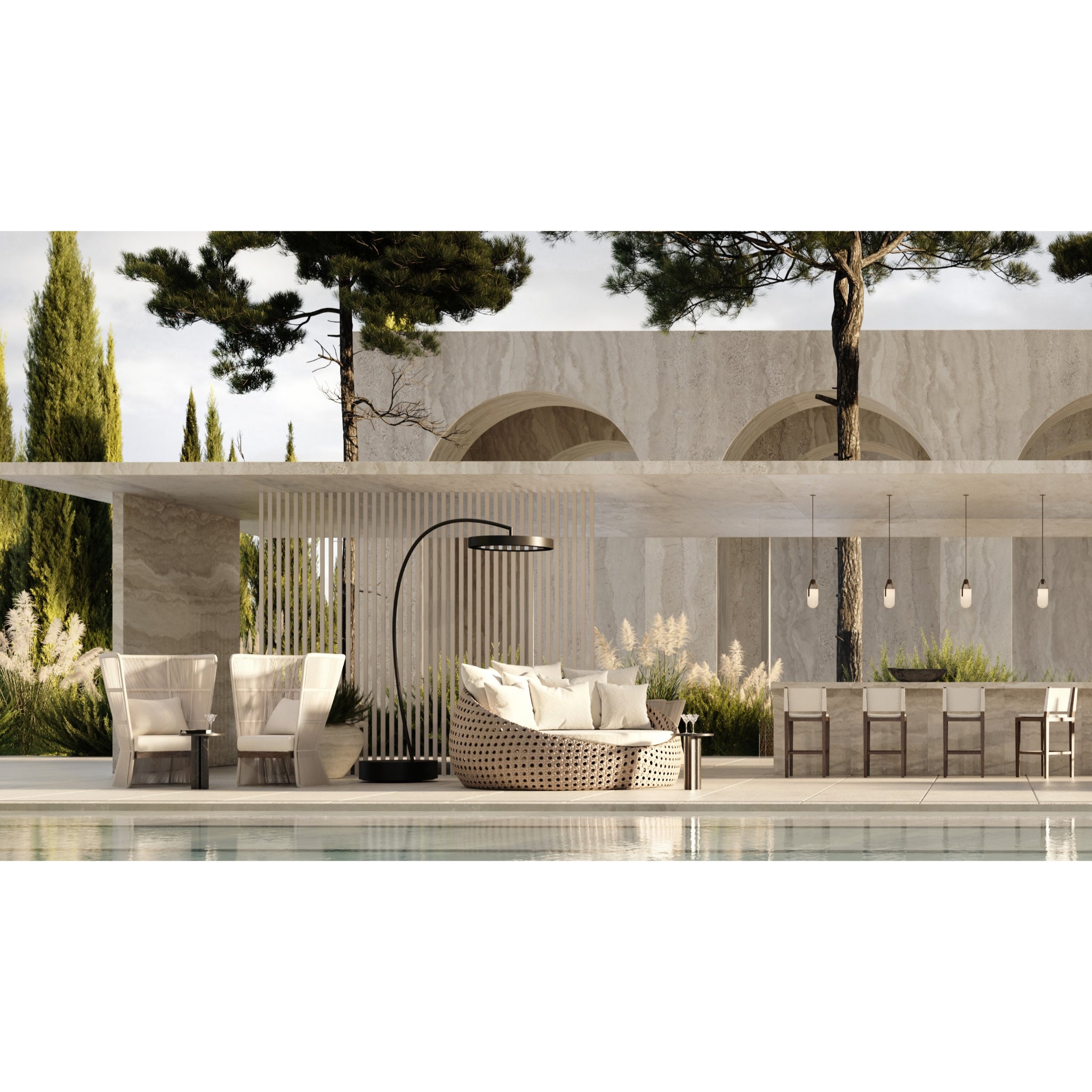 Modern freestanding electric patio heater from Bromic Eclipse series at luxury hotel pool