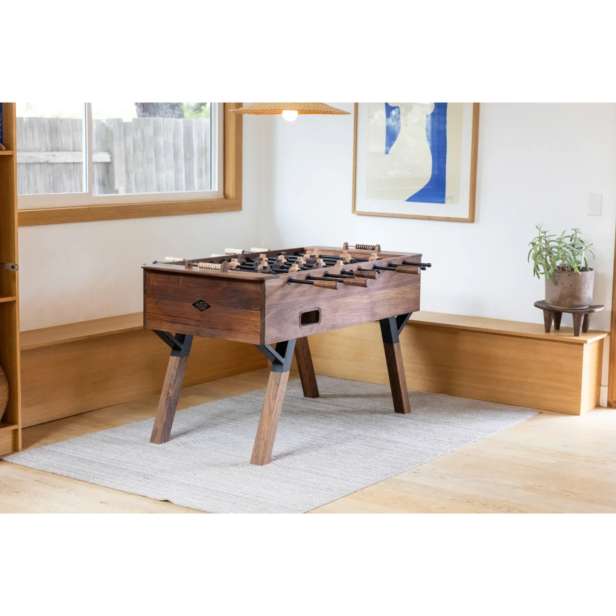 Sean Woolsey handcrafted walnut foosball table angled view