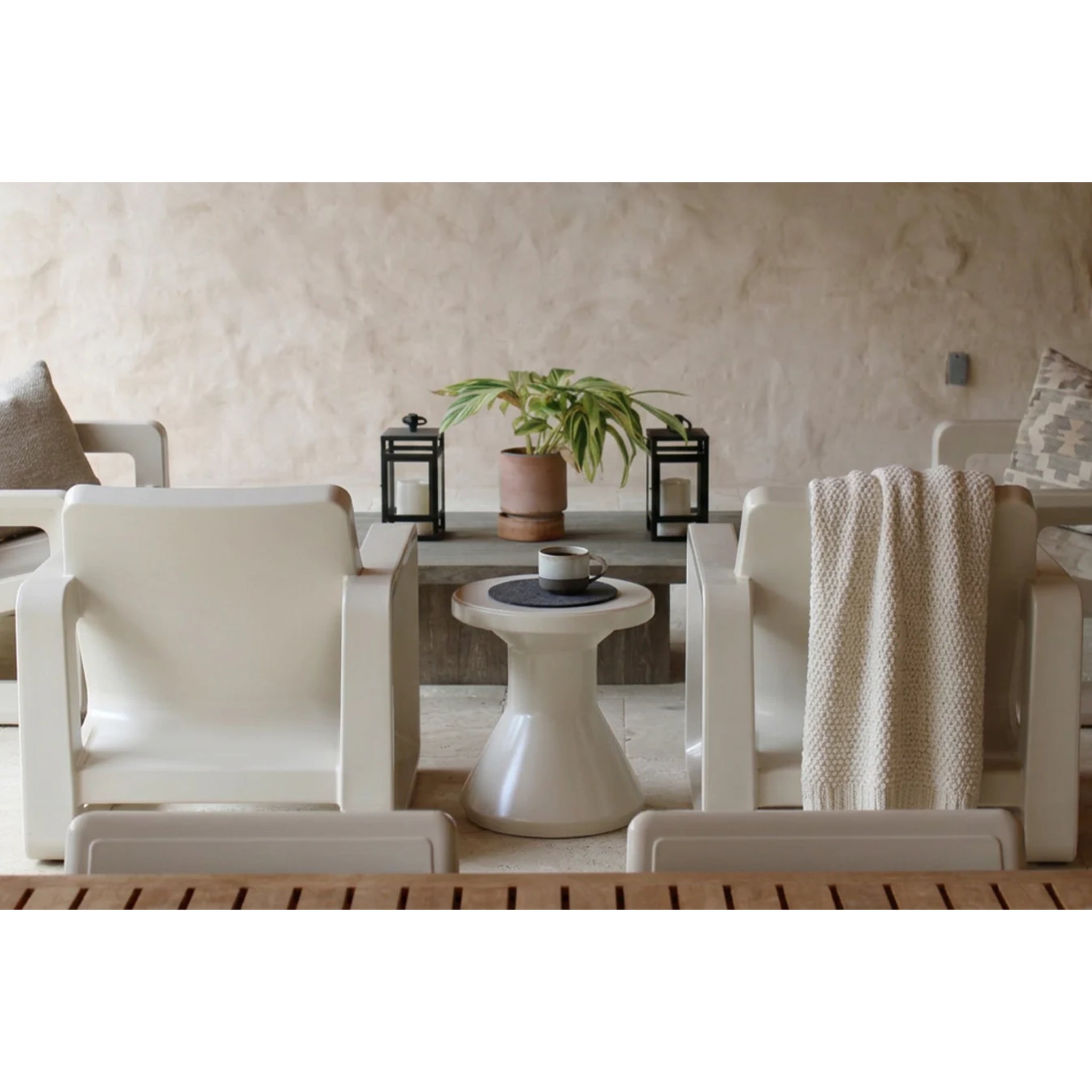 Modern pool side table for Baja shelf with clean sculptural design in ivory