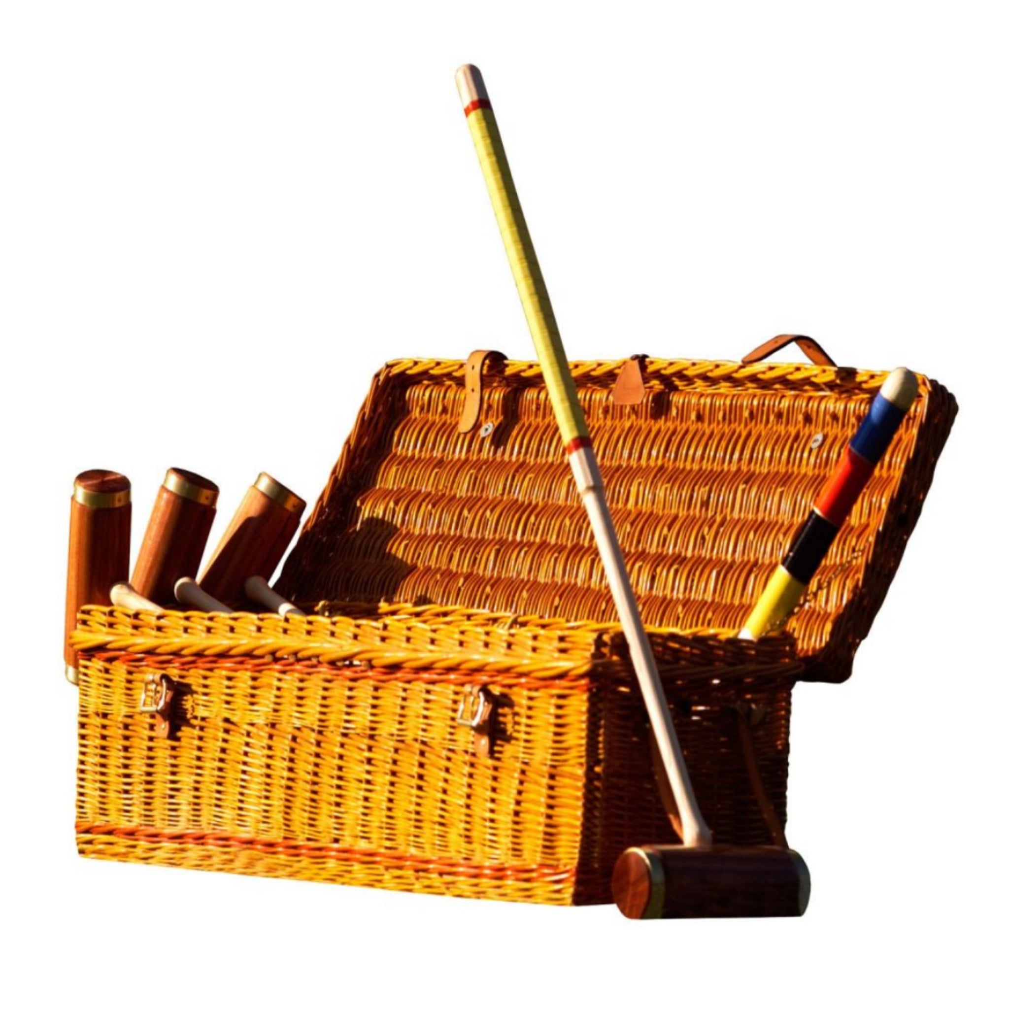 Luxury garden croquet set displayed in hand-woven English willow basket with leather straps
