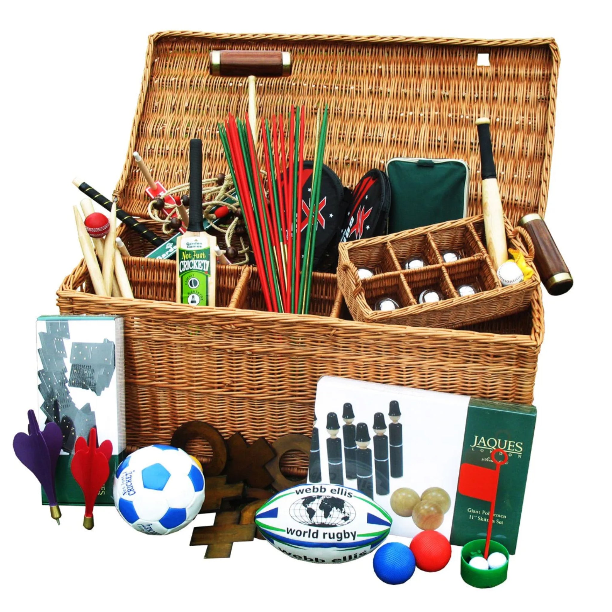 Luxury garden games hamper set in handwoven English willow basket