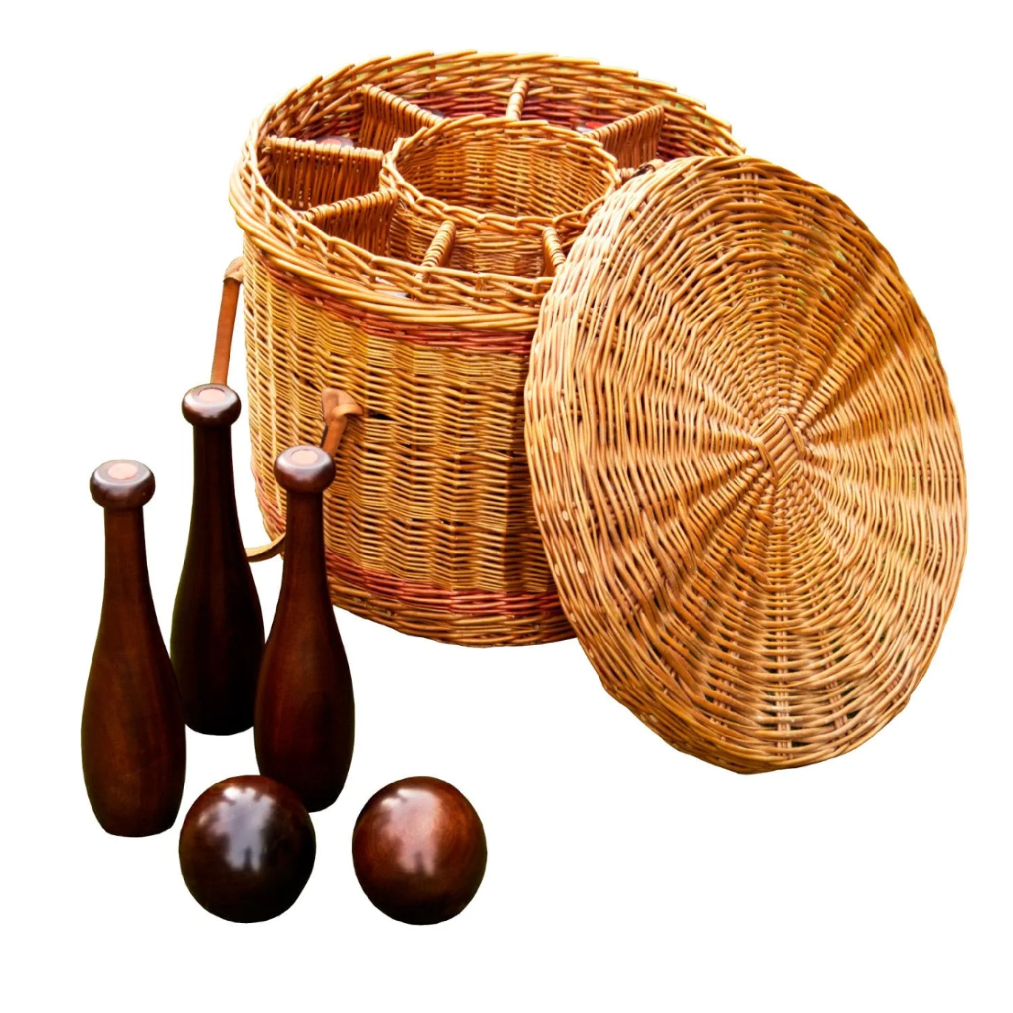 Luxury garden skittles set with hand-turned hardwood pins in English willow basket by Geoffrey Parker 