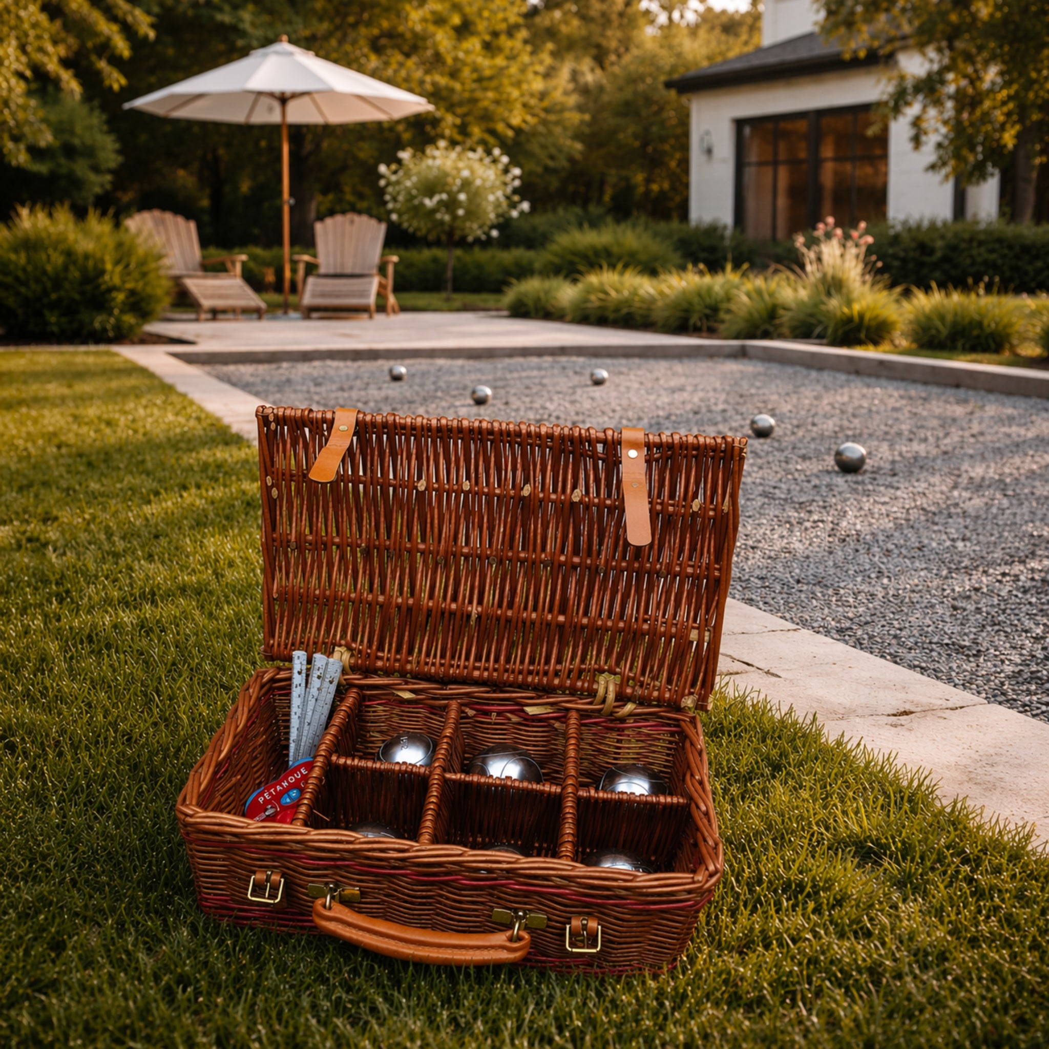 Luxury custom made Pétanque Bocce ball set in handmade basket from Geoffrey Parker with boules