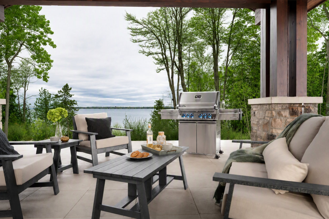 Napoleon Freestanding gas grill on patio overlooking lake