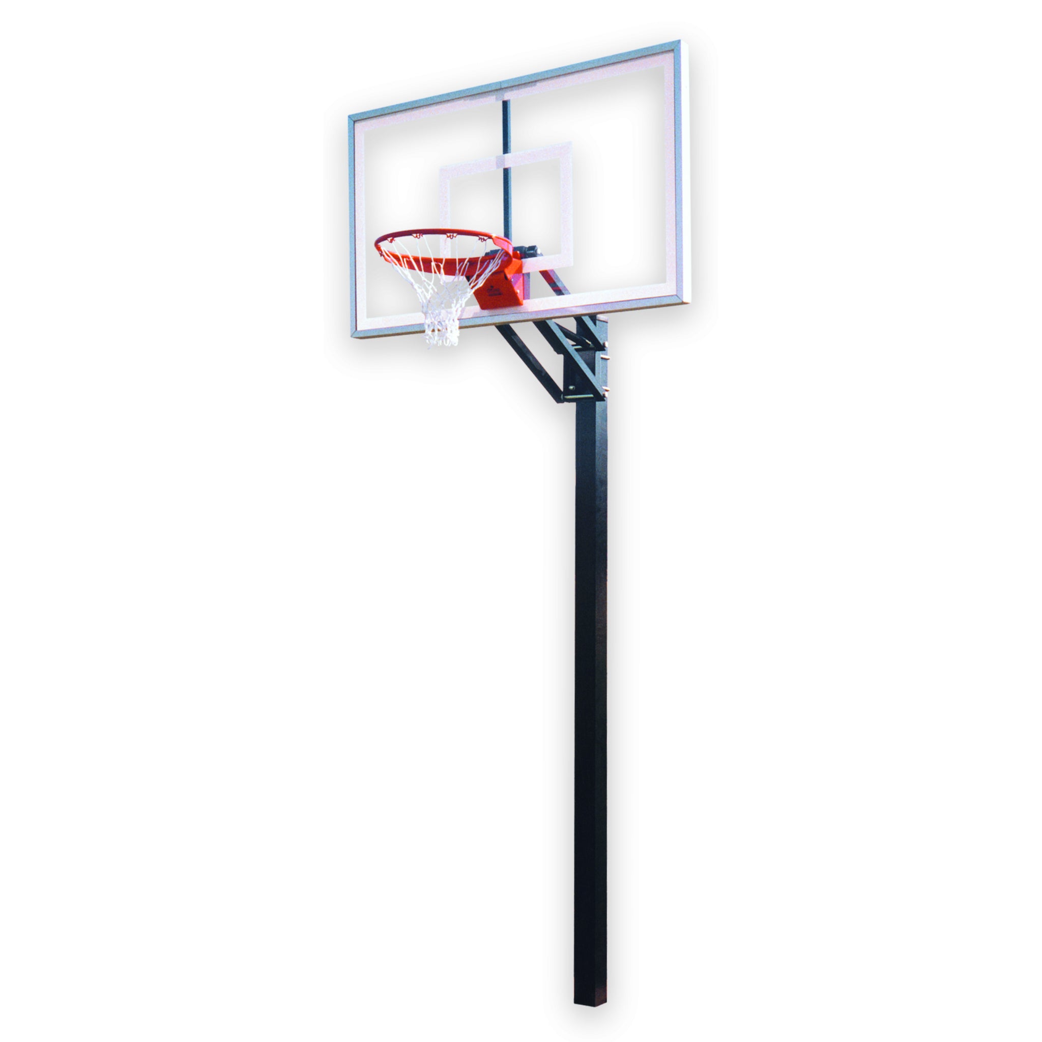 Professional in-ground basketball hoop with height adjustment system and glass backboard
