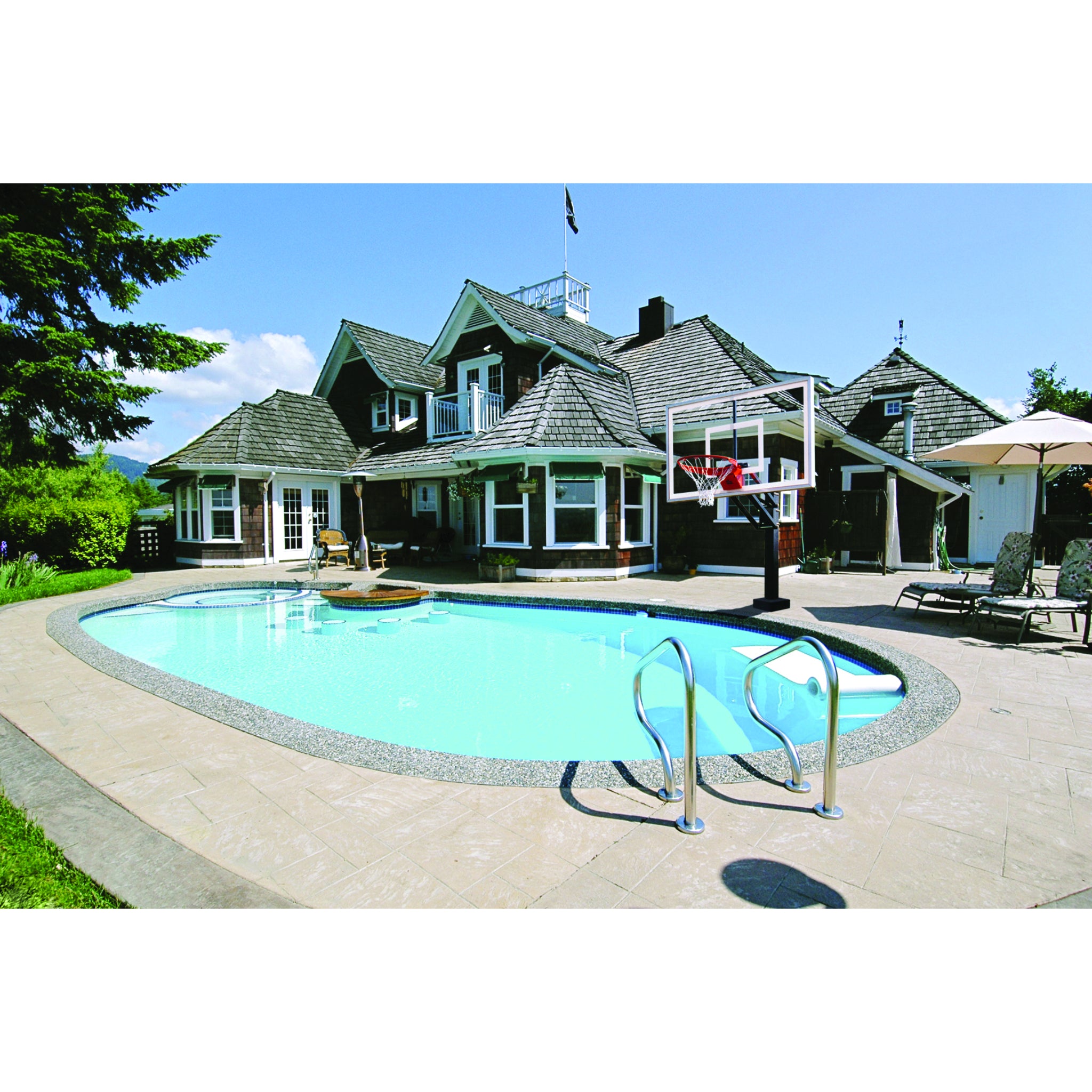 Poolside basketball hoop with adjustable height mounted on concrete pool deck
