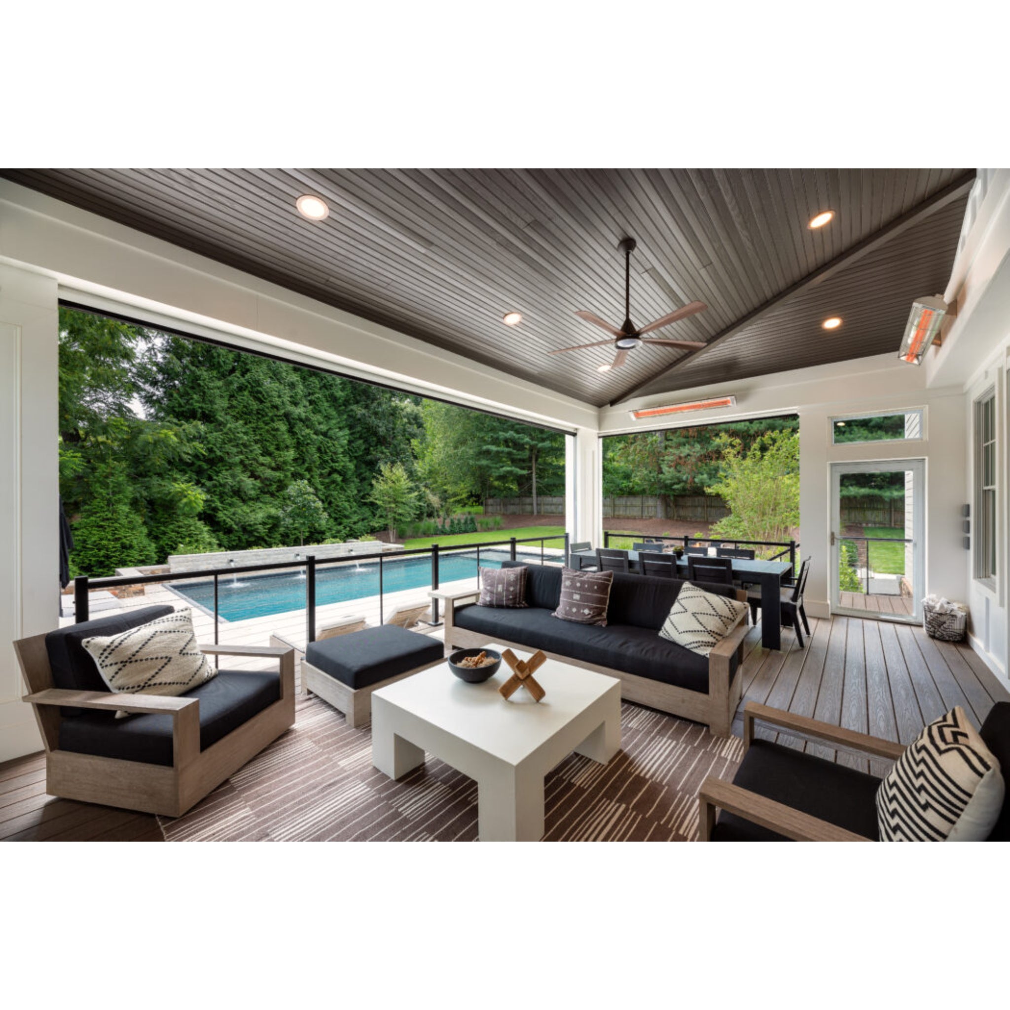 Infratech CD series dual element  infrared outdoor patio heater installed on wall of outdoor covered patio