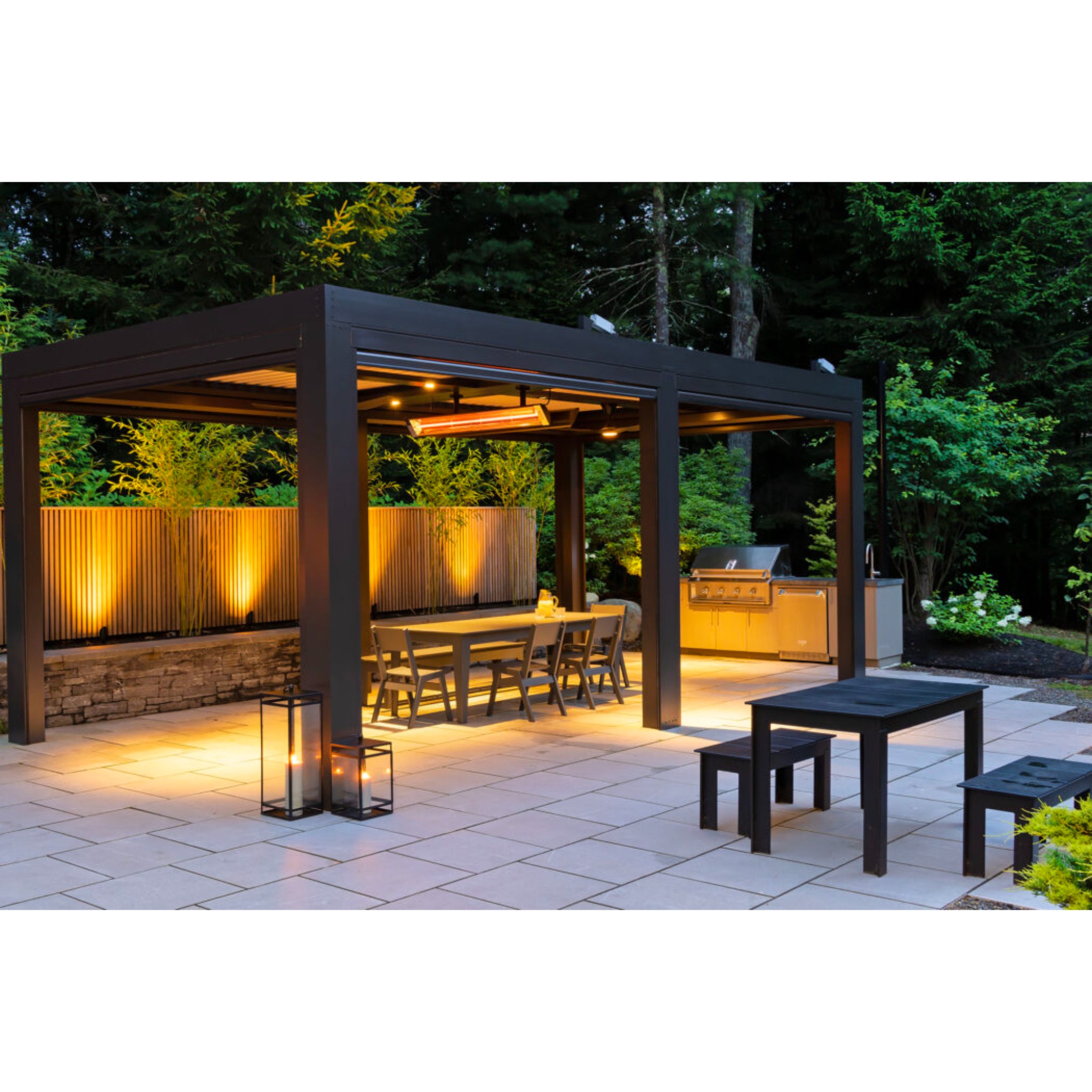 Infratech CD Series dual element heater installed on a covered patio ceiling in a modern outdoor living space