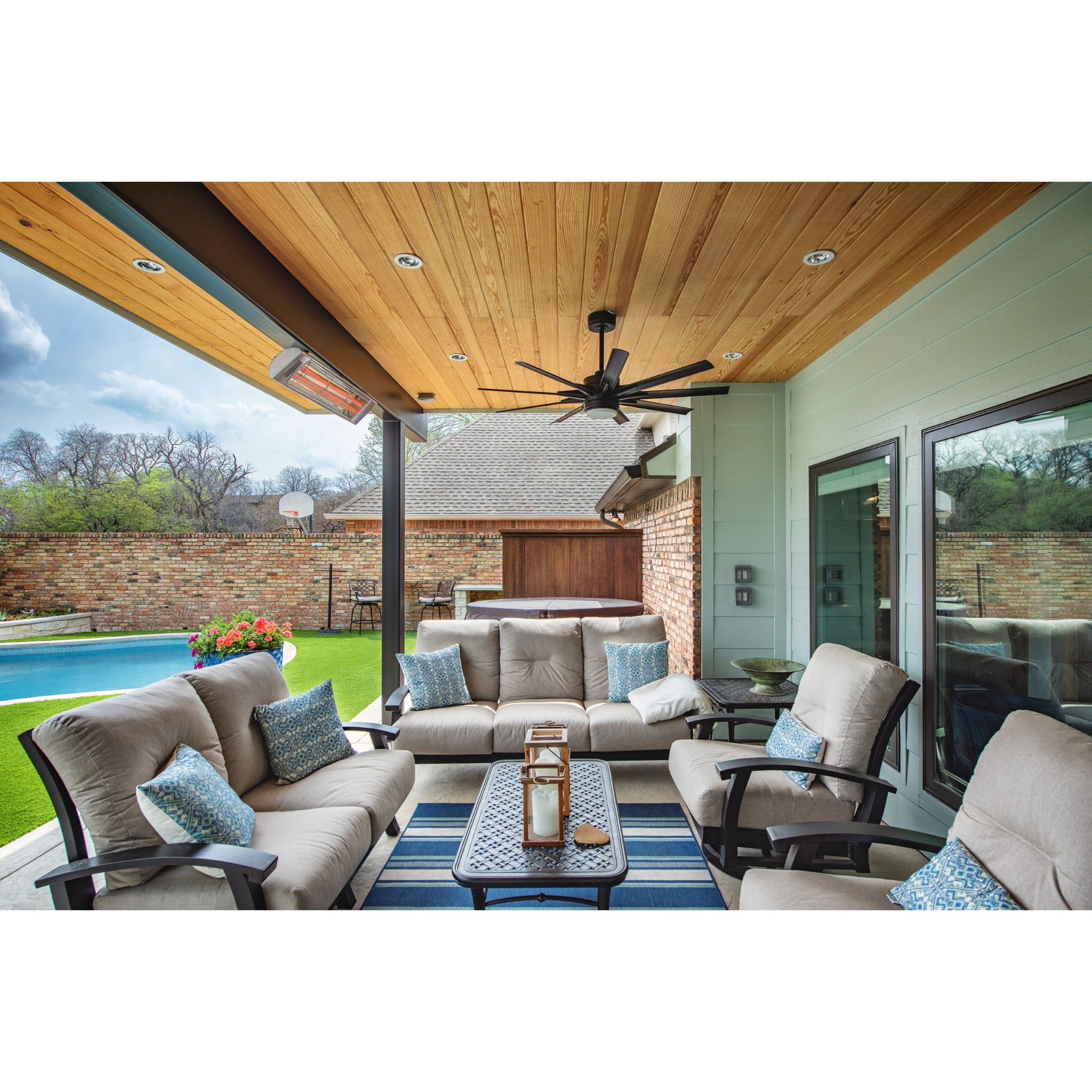 Infratech CD series dual element  infrared electric patio heater installed on ceiling of outdoor residential patio