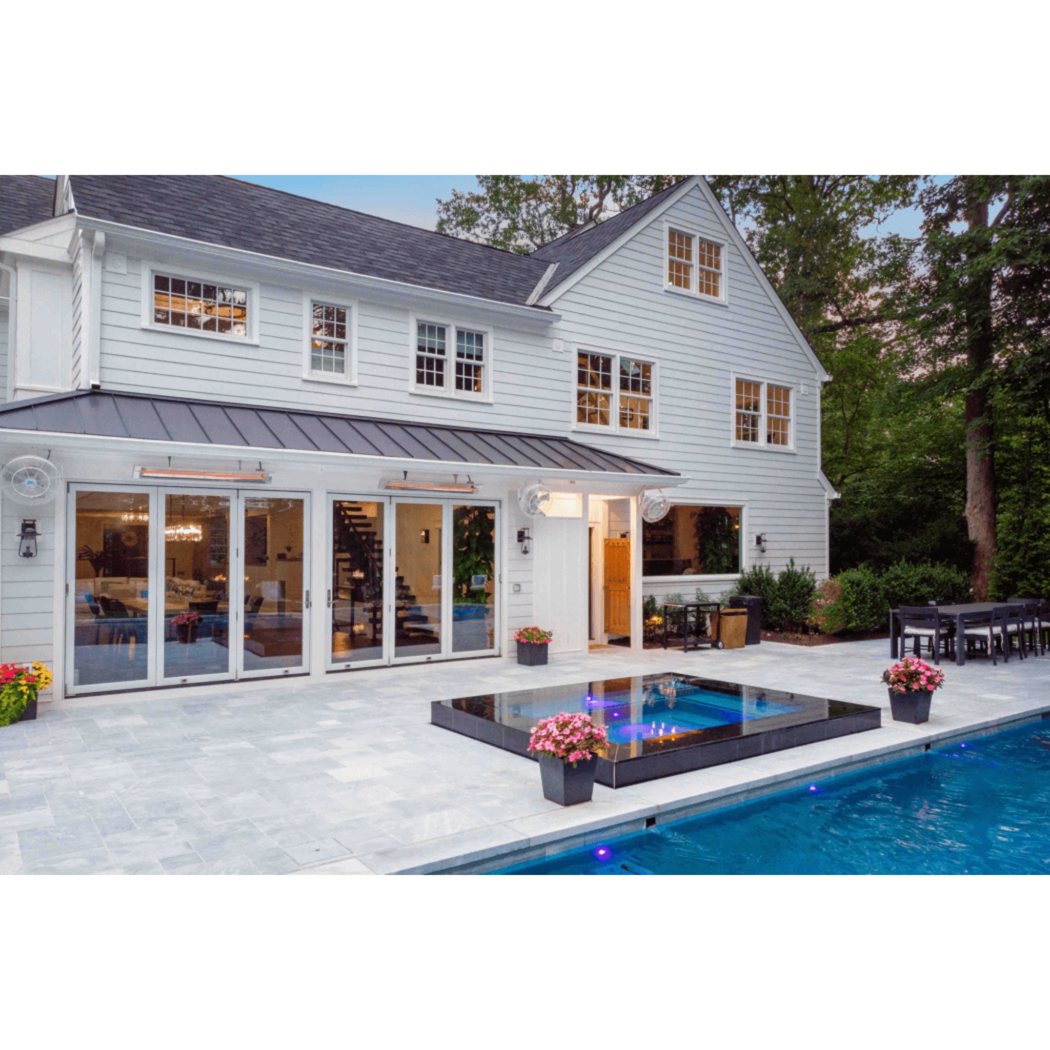 Infratech C Series single element infrared patio heater installed under a covered outdoor living space at luxury home