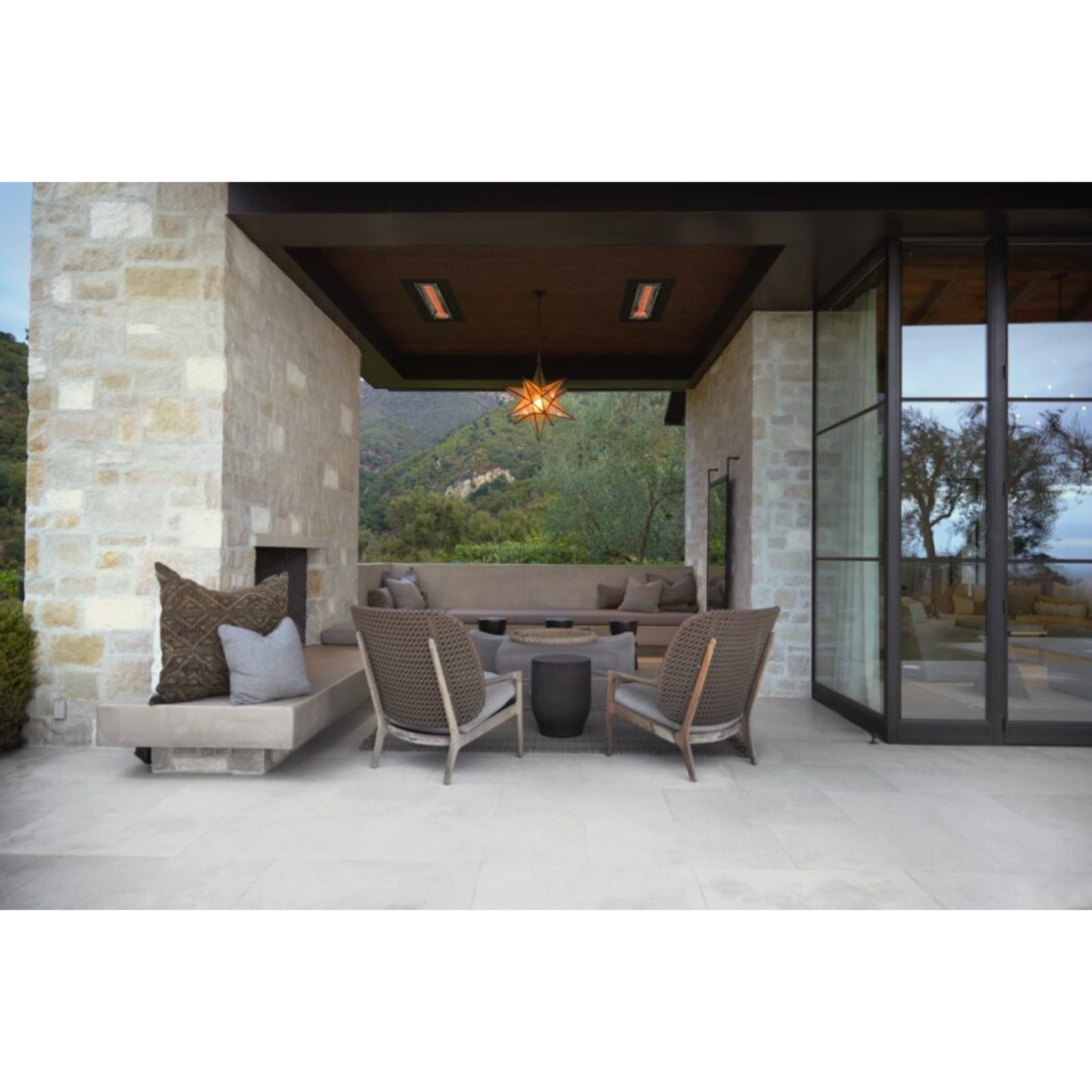 Infratech WD Series dual quartz heater mounted beneath a wood paneled ceiling of outdoor patio area