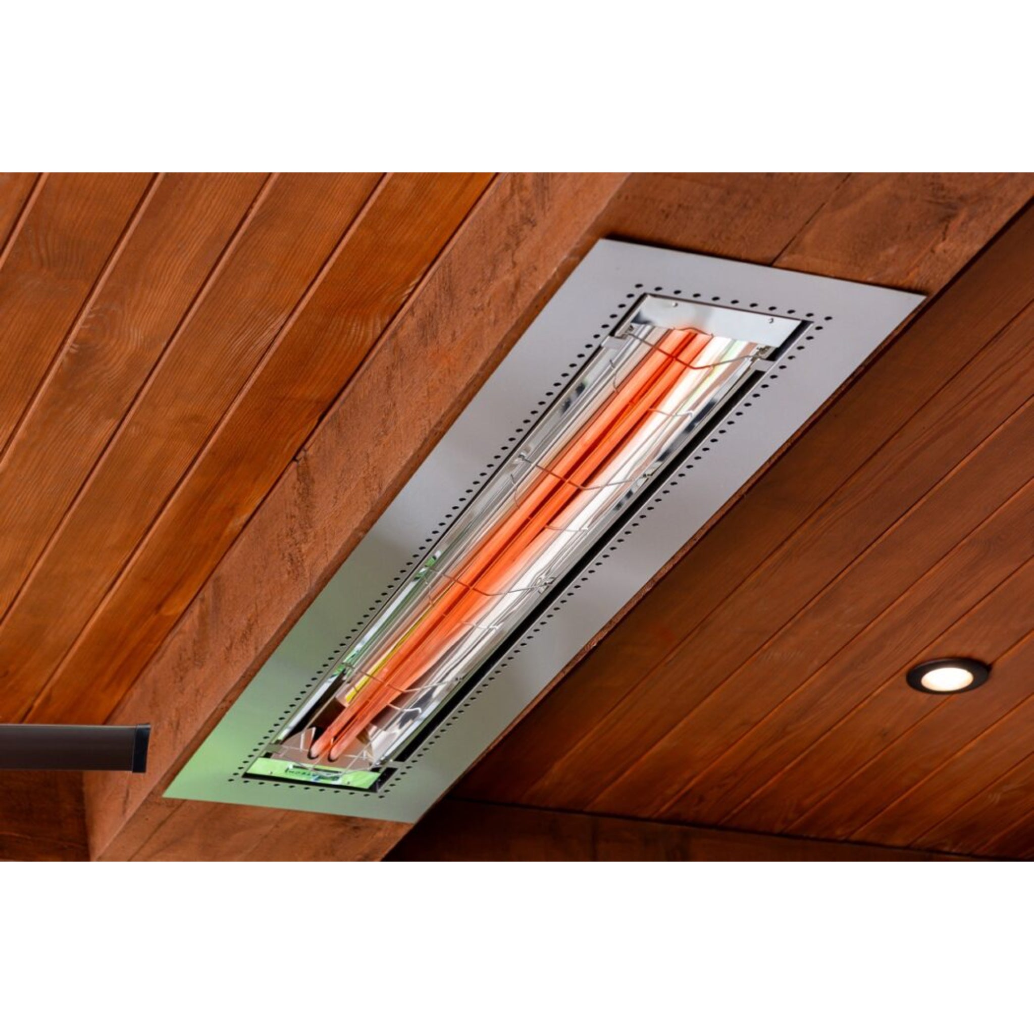 Close up of Infratech WD Series dual element electric heater delivering focused comfort for evening gatherings