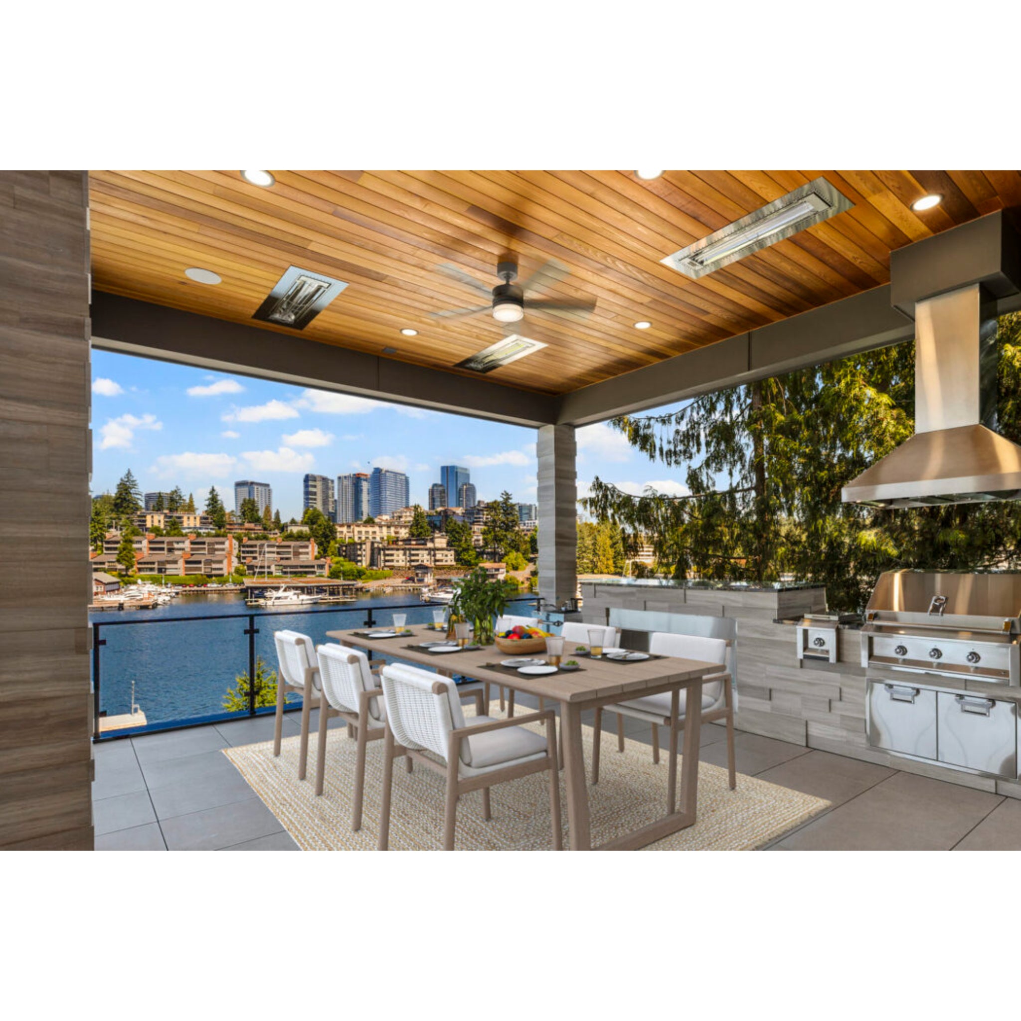 Infratech WD Series dual element infrared heater installed on a covered patio ceiling at luxury coastal home