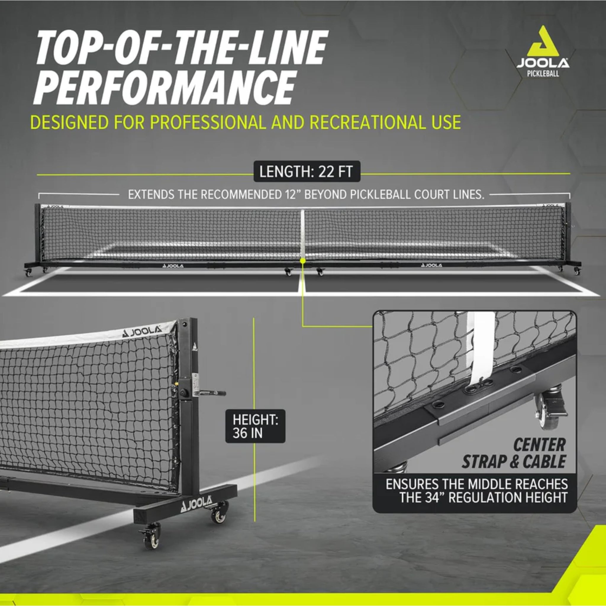 JOOLA Pro pickleball net center strap ensuring 34 inch regulation height