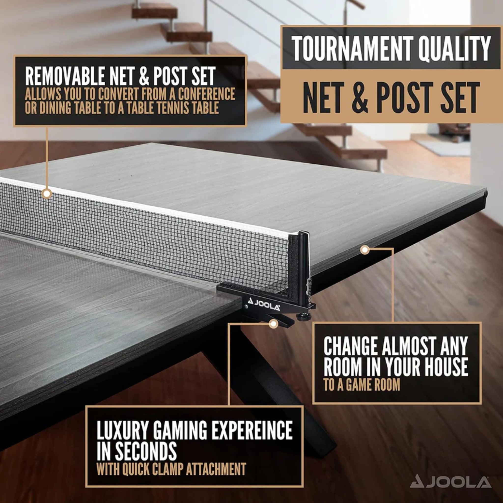 18mm MDF tabletop surface JOOLA Brighton ping pong table with removable clamp net system