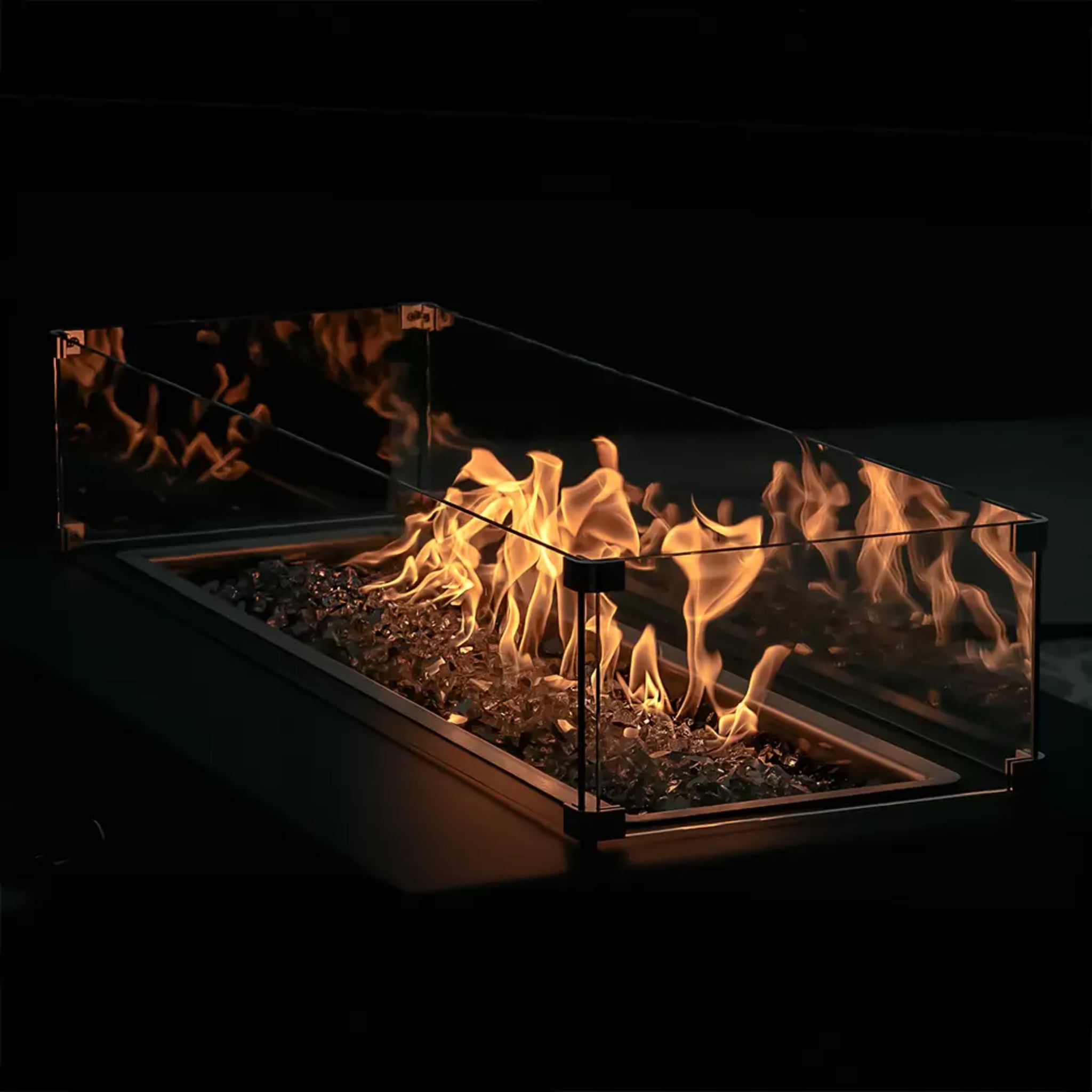 Custom glass wind guard accessory for The Outdoor Plus square and linear gas fire pits in premium tempered safety glass