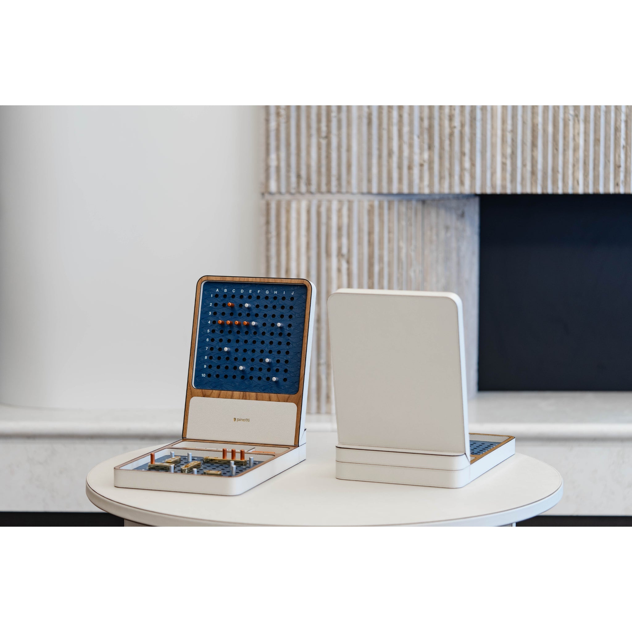 Designer Battleship board game with brass ships and Italian leather case