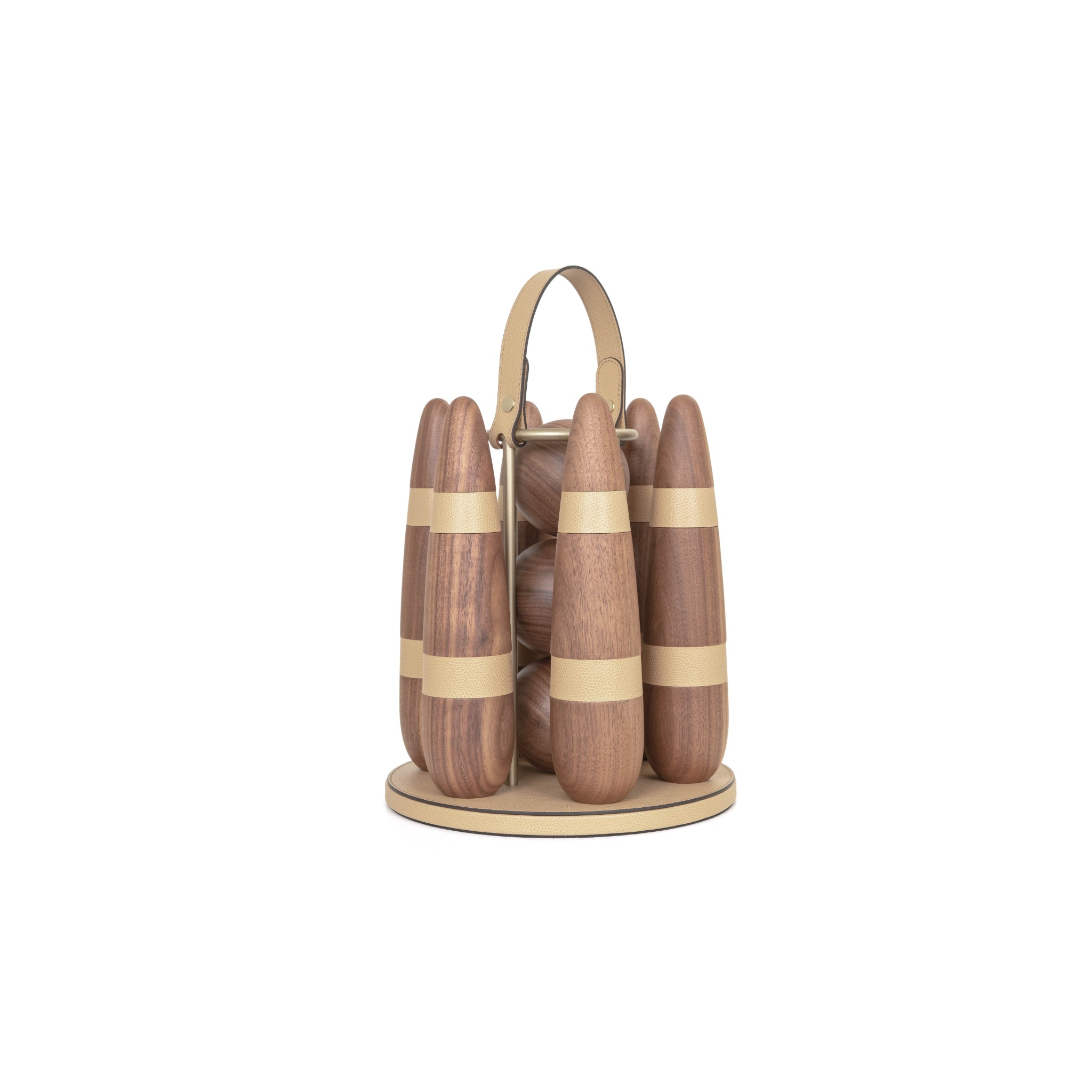Pinetti luxury lawn bowling set with walnut pins and leather-wrapped base