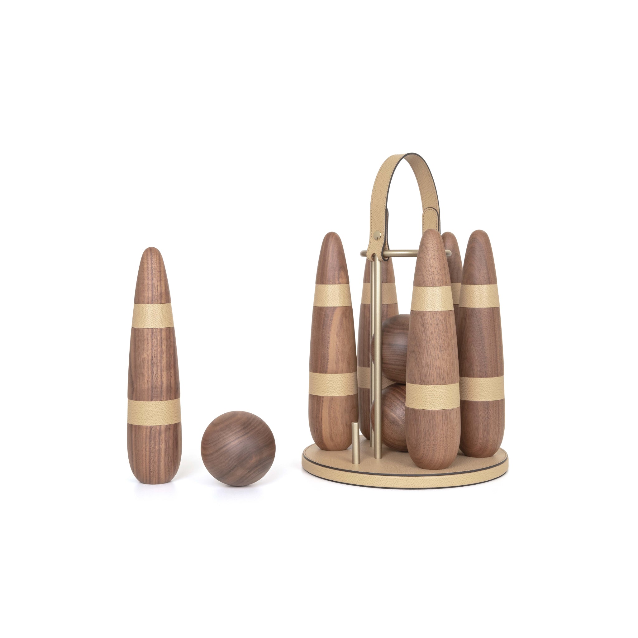 Luxury lawn bowling set in Canaletto walnut and Italian leather by Pinetti