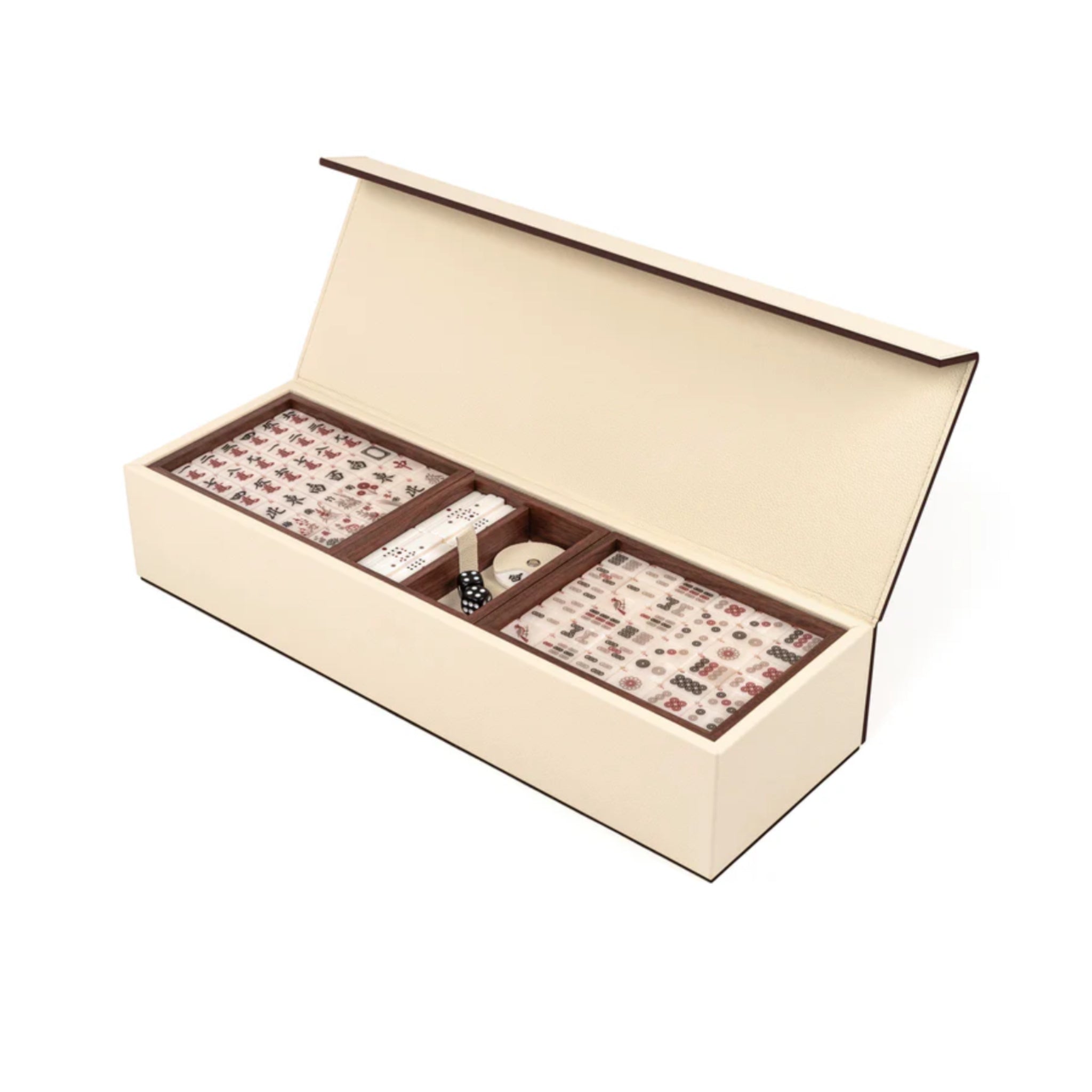 Pinetti luxury mahjong set with leather-wrapped walnut box and pearled tiles