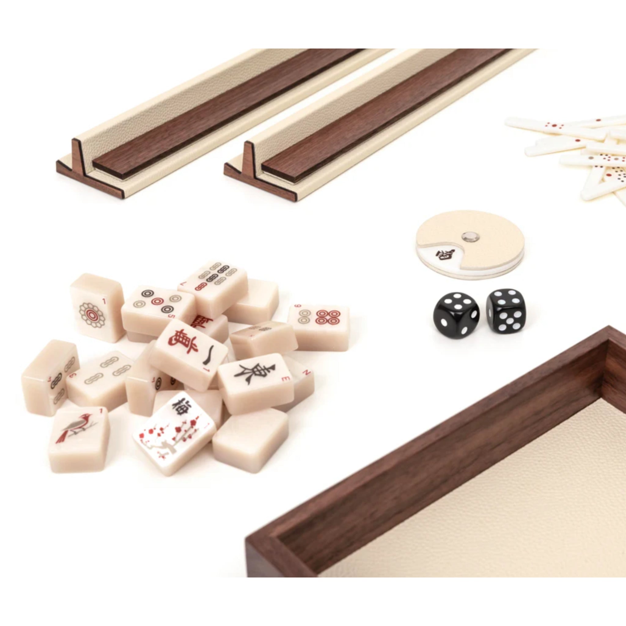 Designer mahjong set in Italian leather with walnut wood storage box