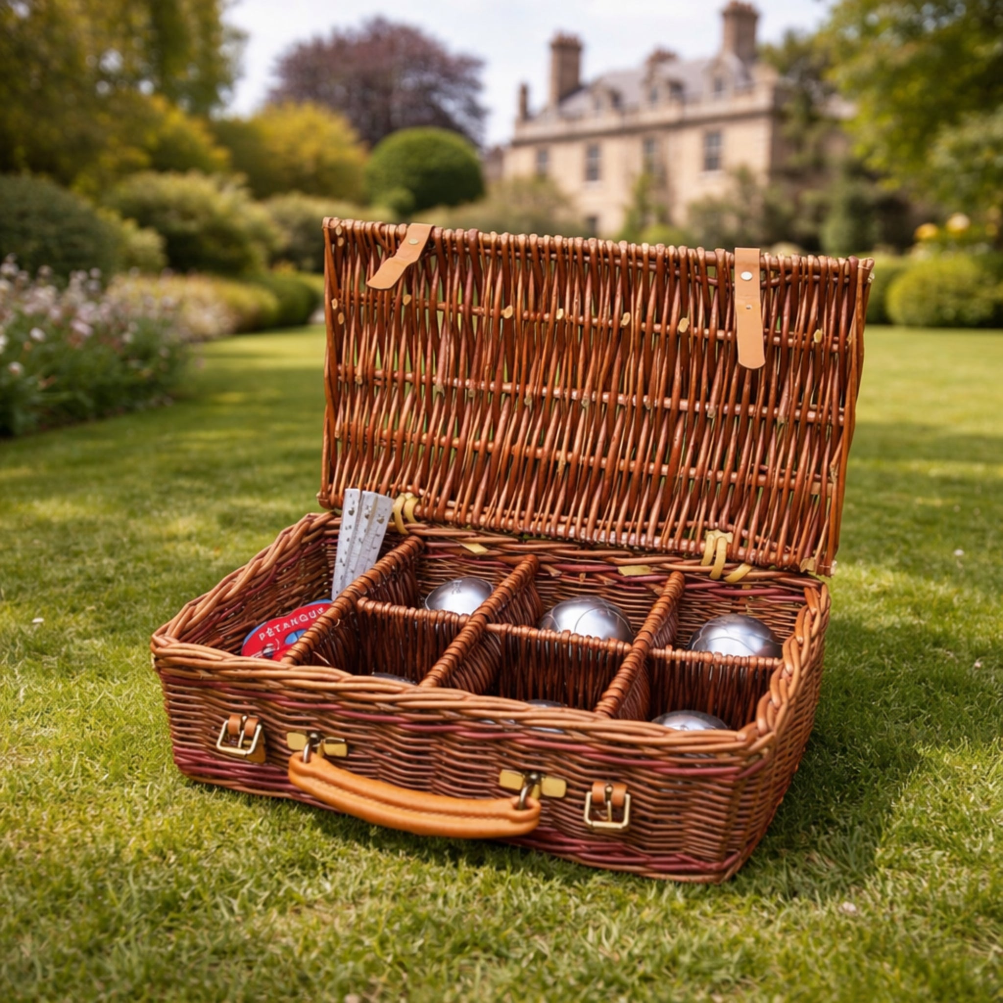 Handcrafted pétanque boule set with polished metal balls and wicker case for luxury lawn games for STR