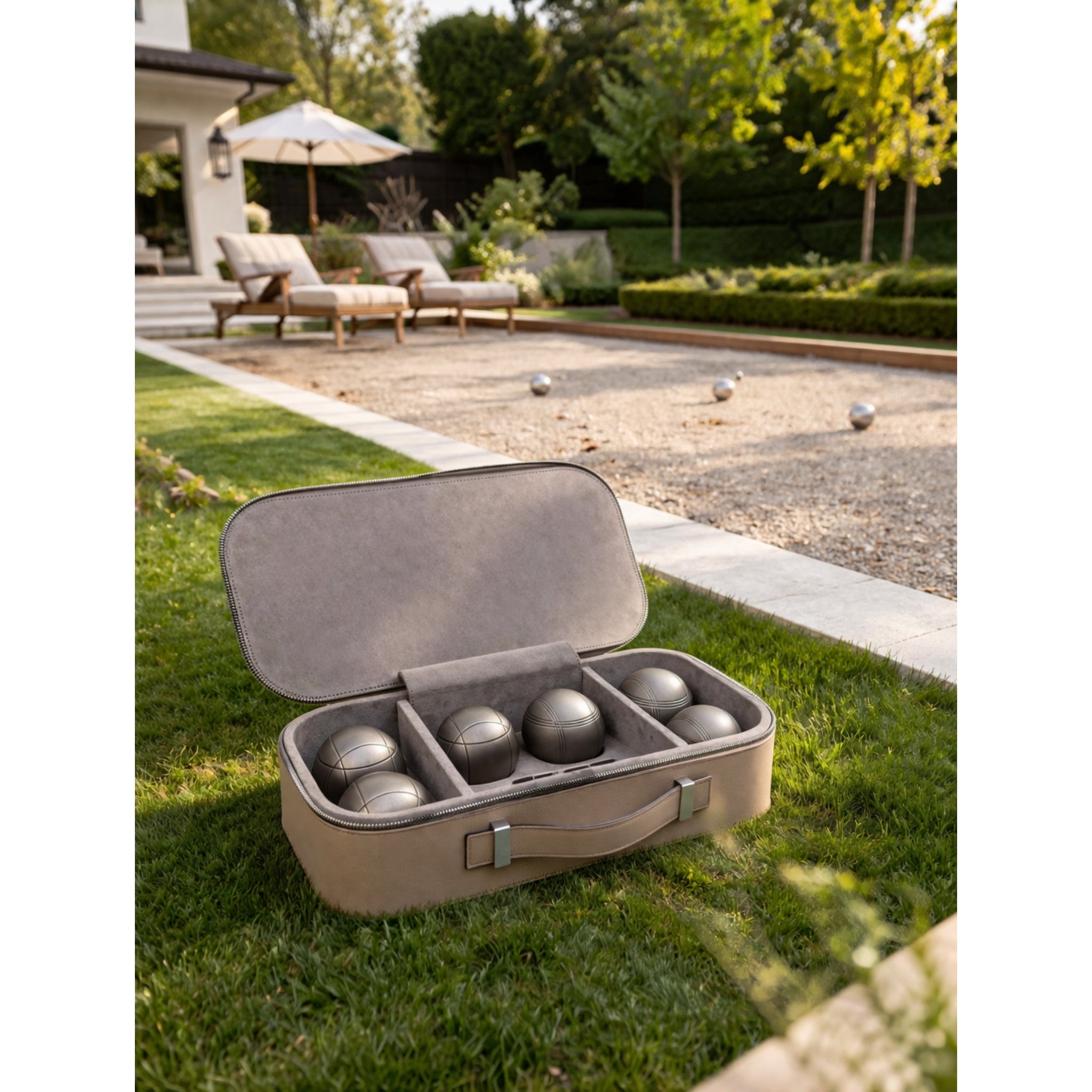 Luxury Pinetti Italian Leather Petanque Set  on lawn