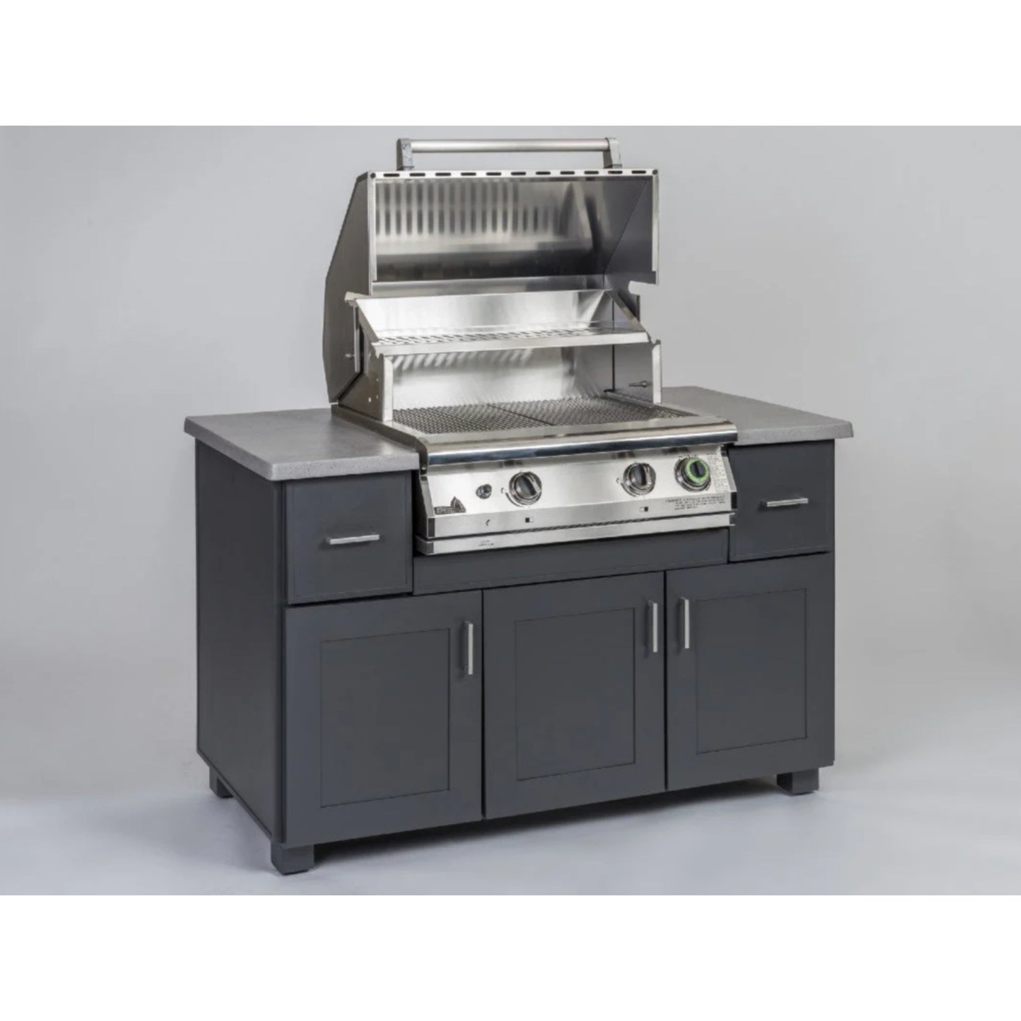 Modano 57" Outdoor Kitchen Island with Newport 30" Grill with Timer by PGS Grills view with lid open