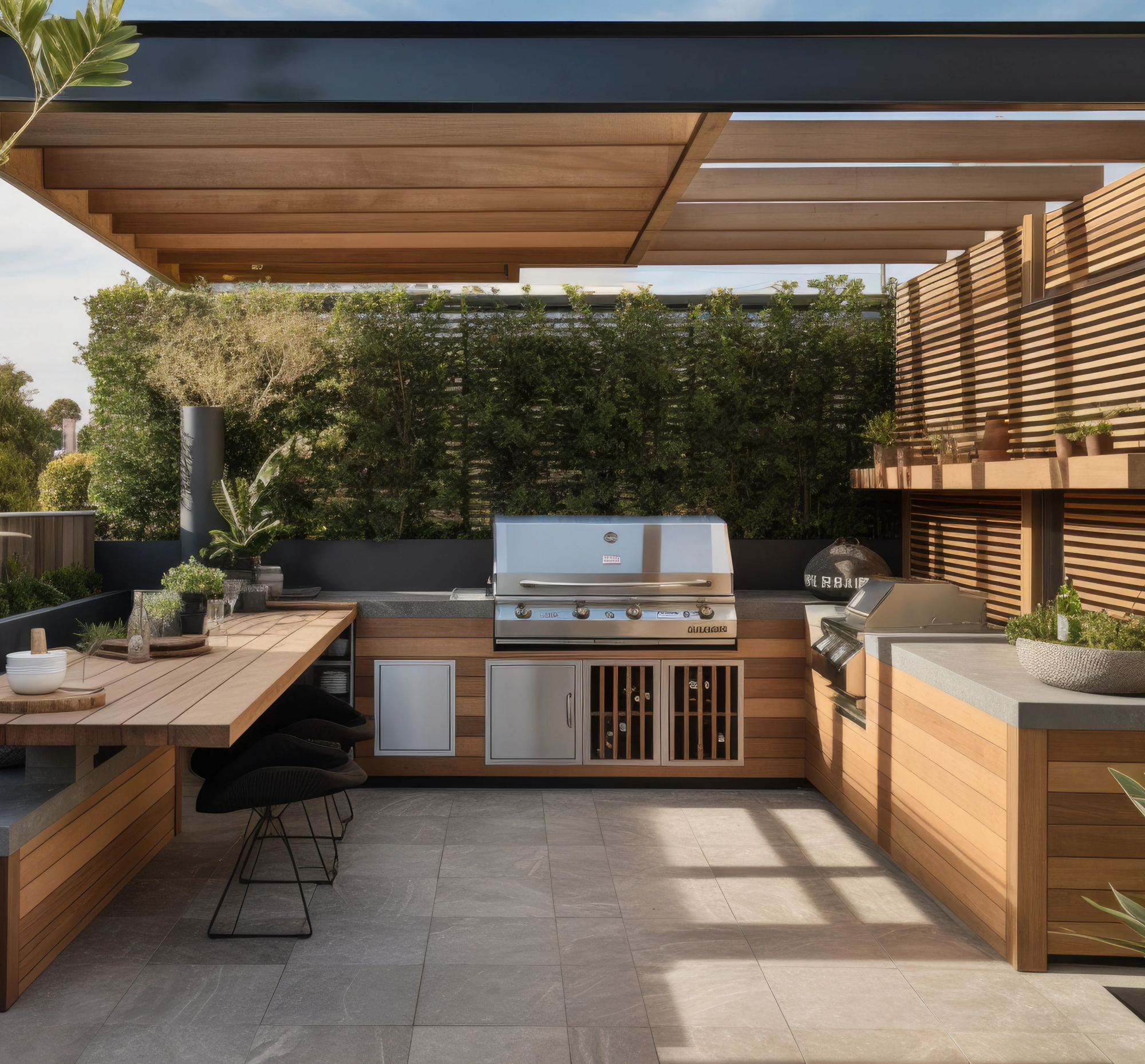 Modern outdoor kitchen island with grill and storage