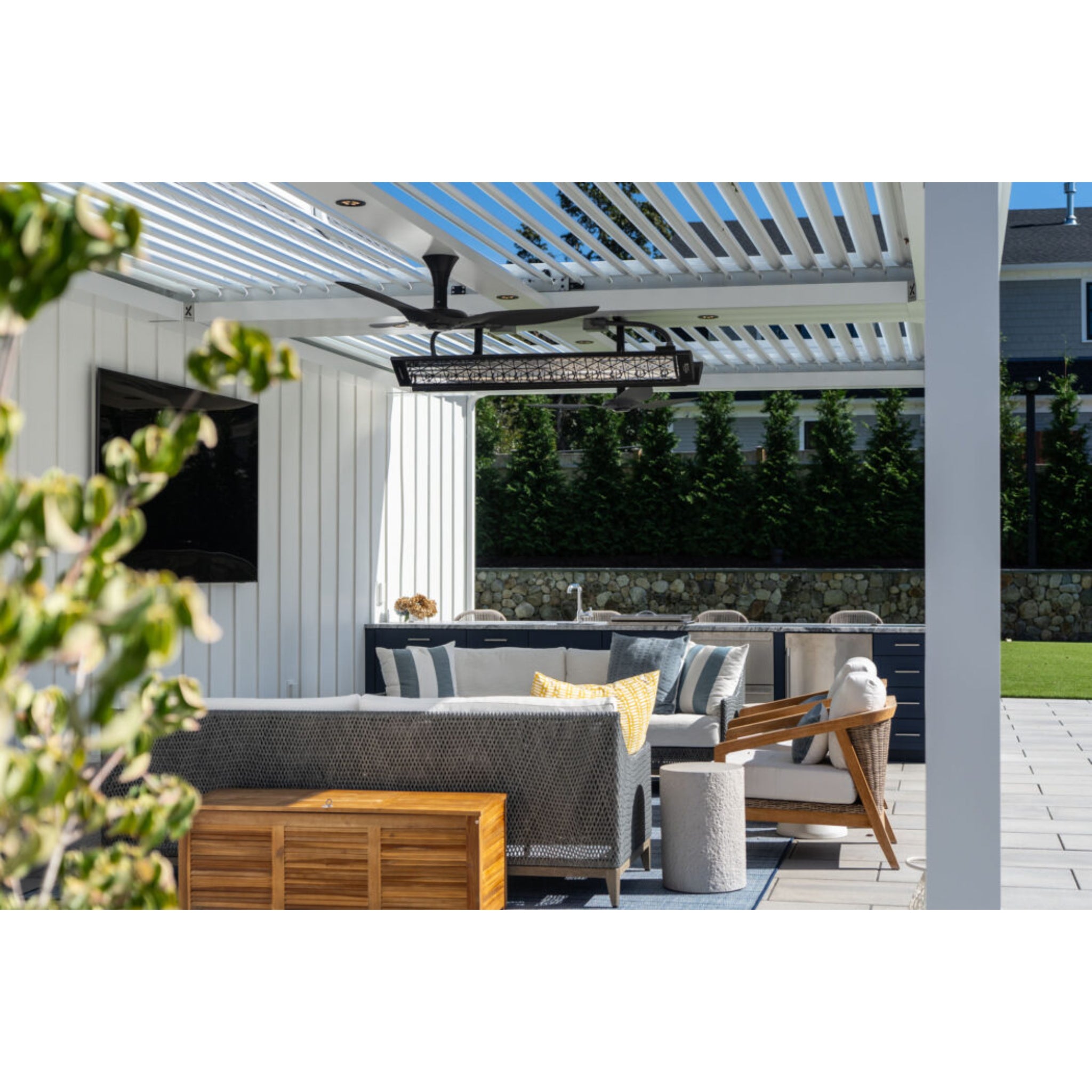 Infratech Motif Decorative Faceplate Collection mounted on outdoor patio under pergola