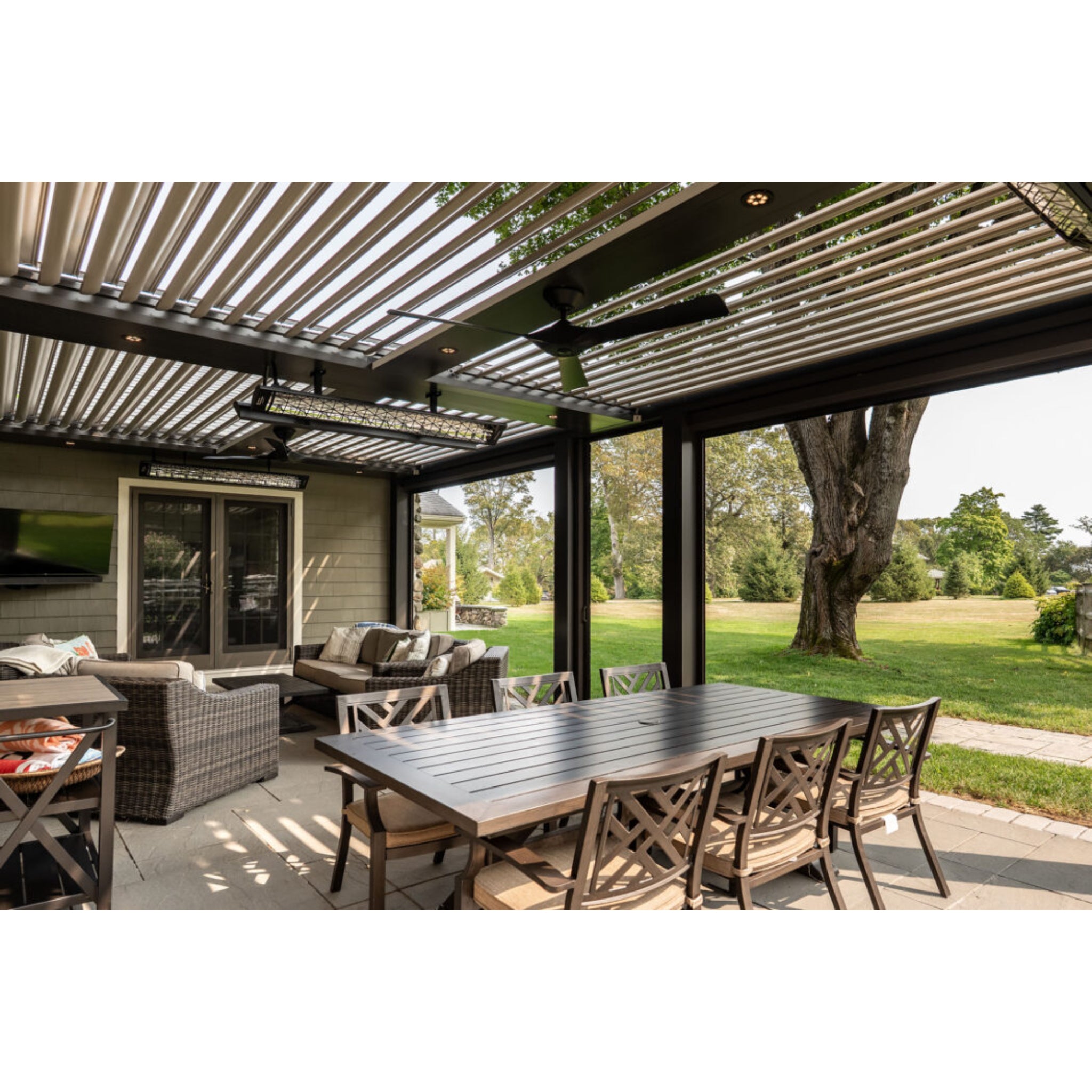Infratech Motif Decorative Faceplate Collection mounted on outdoor pergola