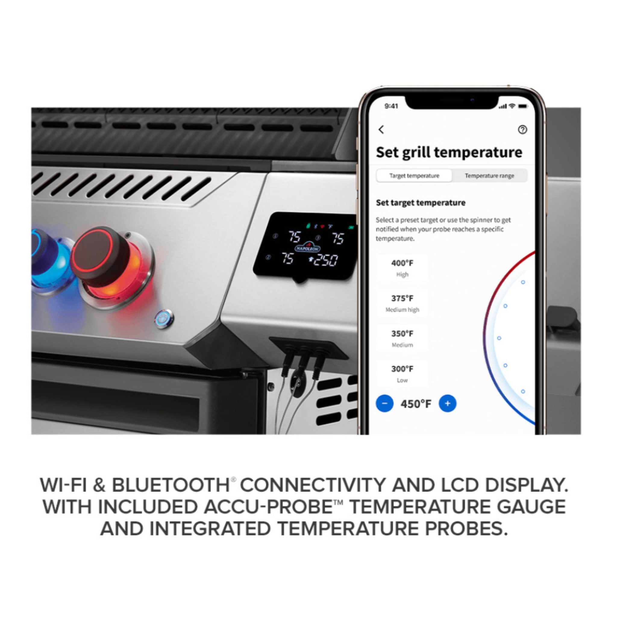 Napoleon Prestige 500 smart gas grill with Wi-Fi connectivity, LED control knobs, and side sear station