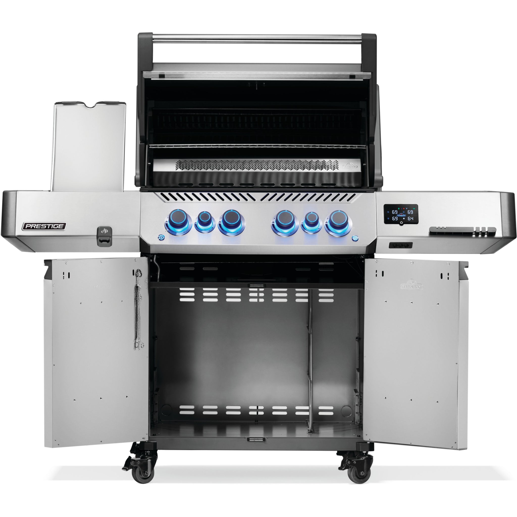 Napoleon Prestige 500 Connected gas grill showing rear infrared rotisserie burner and cooking area